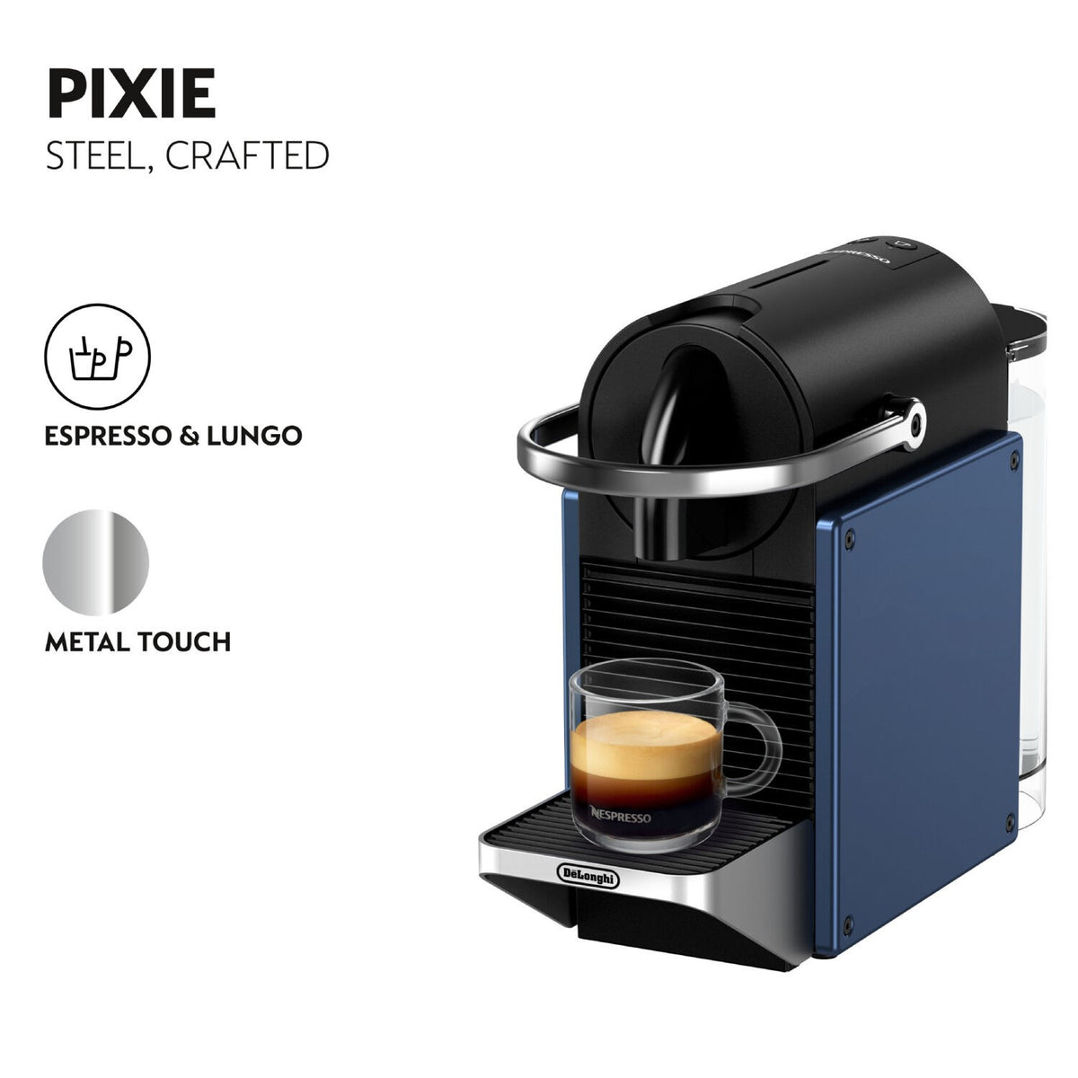 Nespresso Pixie espresso machine with dark blue side panels and metal spout lever