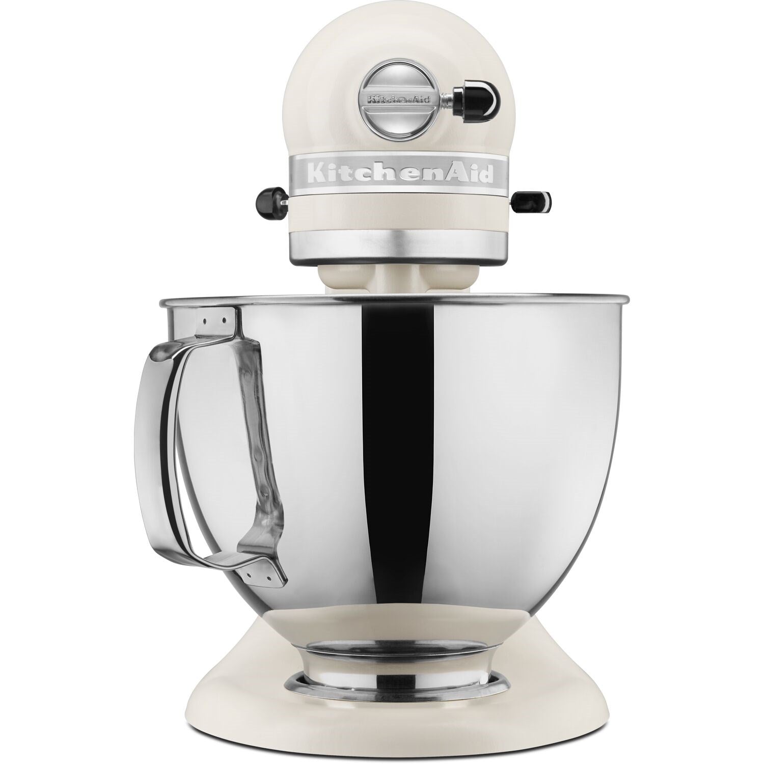Porcelain tilt-head stand mixer with stainless mixing bowl and chrome head dial