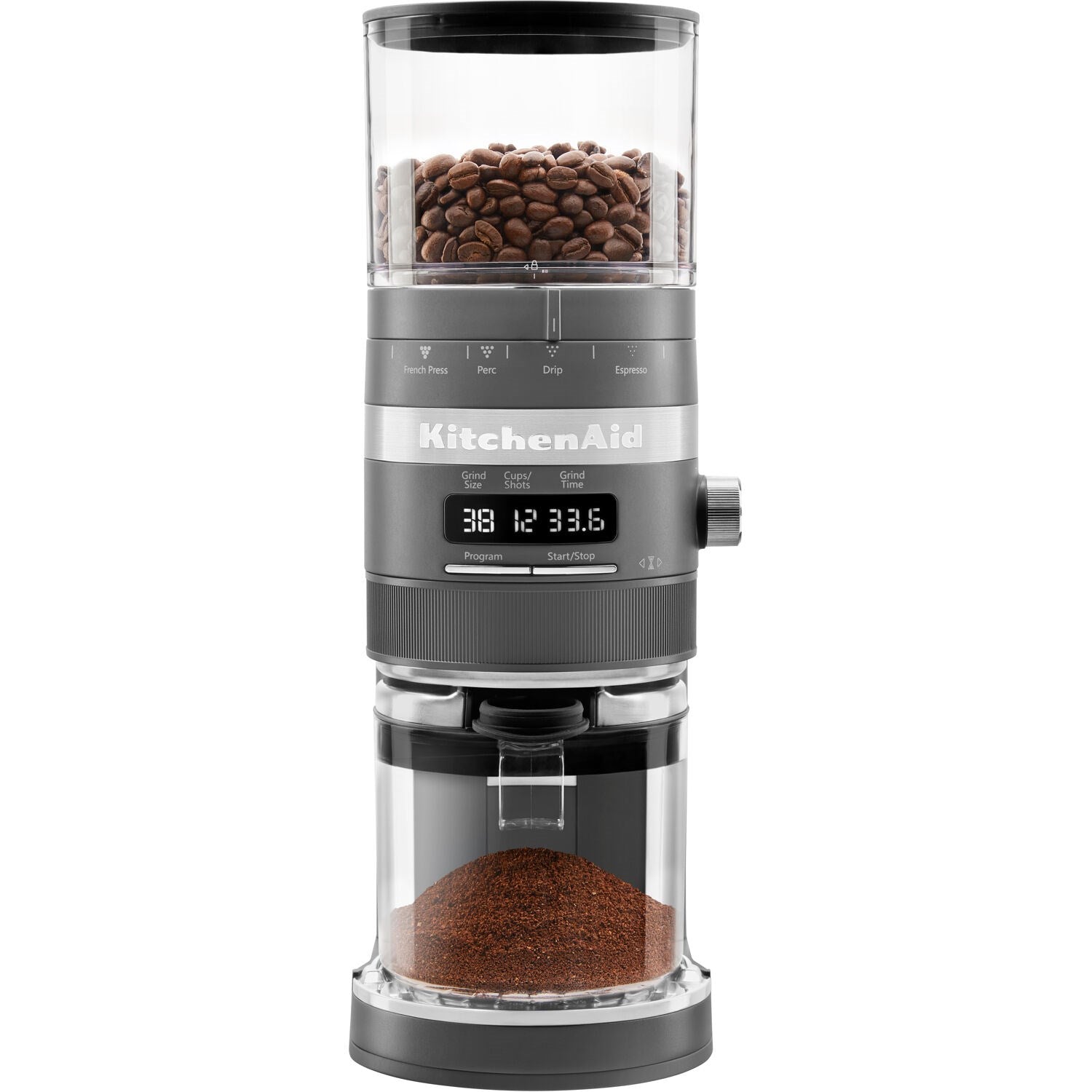 Charcoal grey KitchenAid burr coffee grinder with bean hopper and digital display