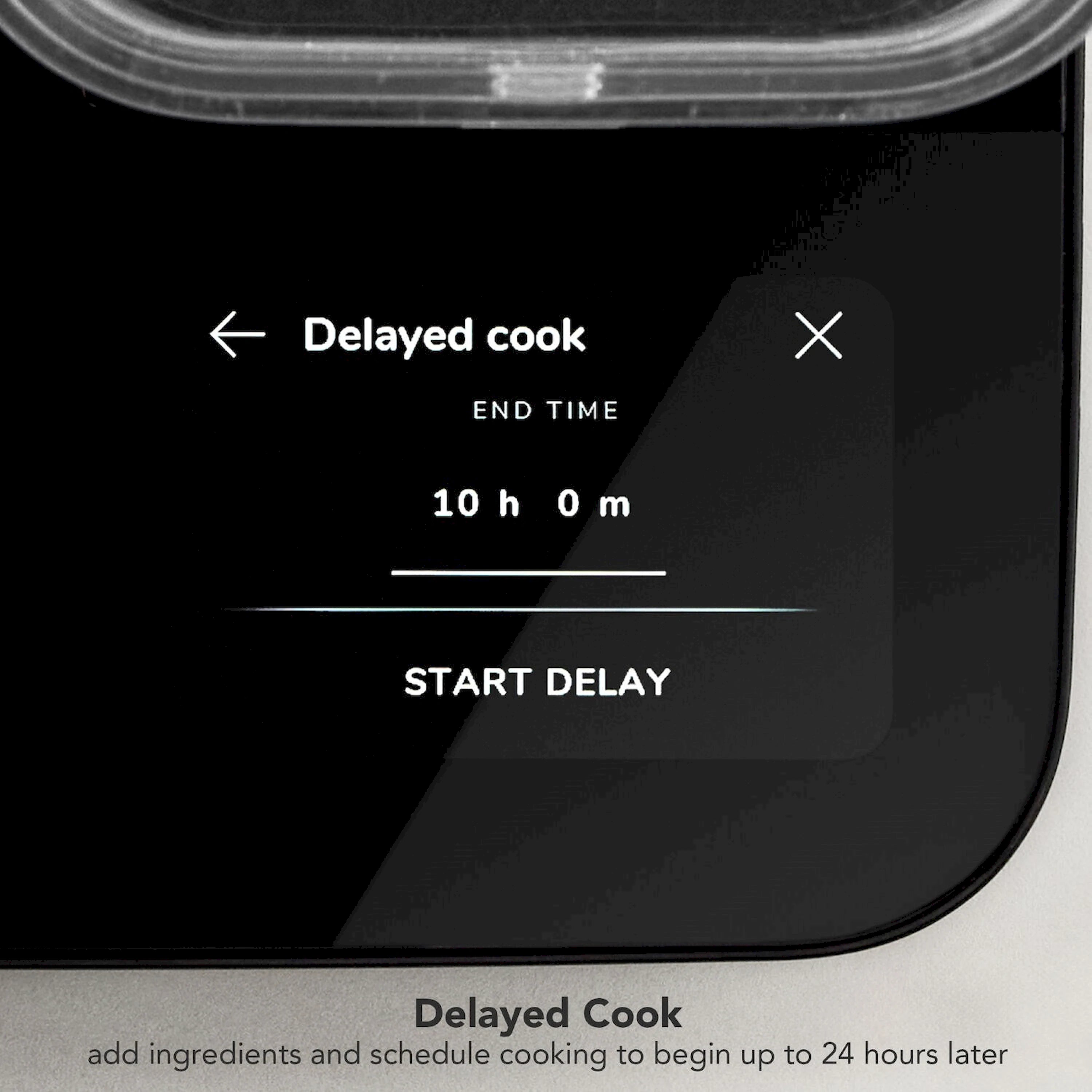 KitchenAid rice cooker display showing delayed cook time and start delay option