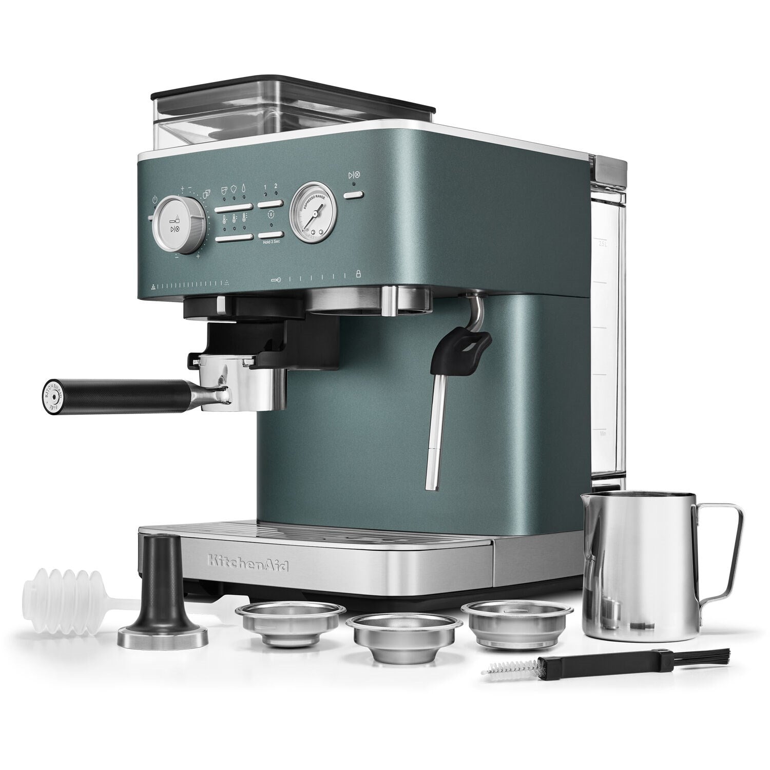 Juniper green espresso machine side view with portafilter and drip tray