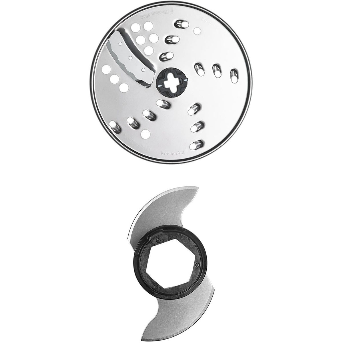 Food processor slice-shred blade and center adapter piece, metal discs with holes