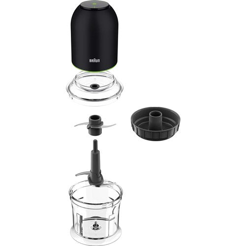Black mini food chopper shown disassembled: lid, base, and blade components