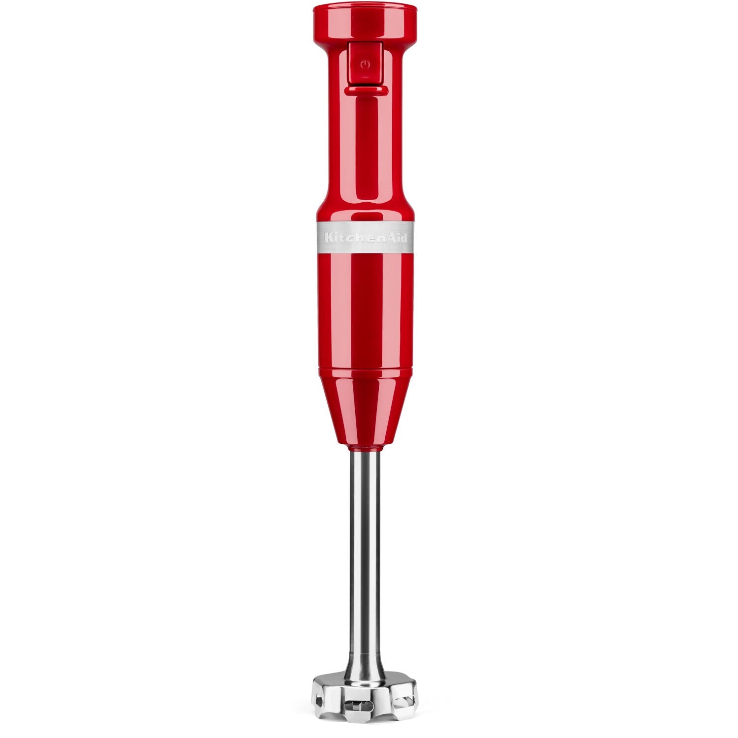 Red KitchenAid immersion blender with stainless blending shaft and base