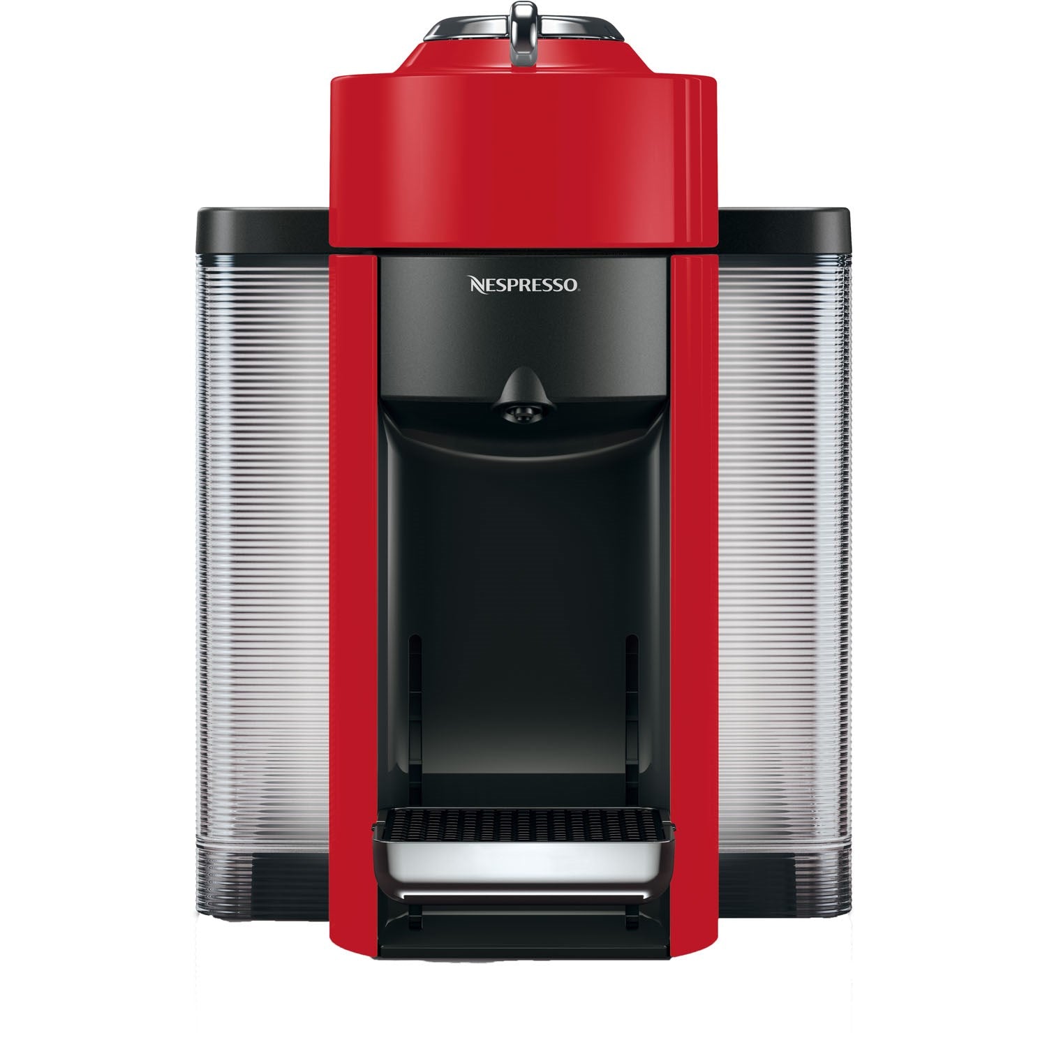 Nespresso Vertuo coffee machine with red top, black front, and tall silver side tanks