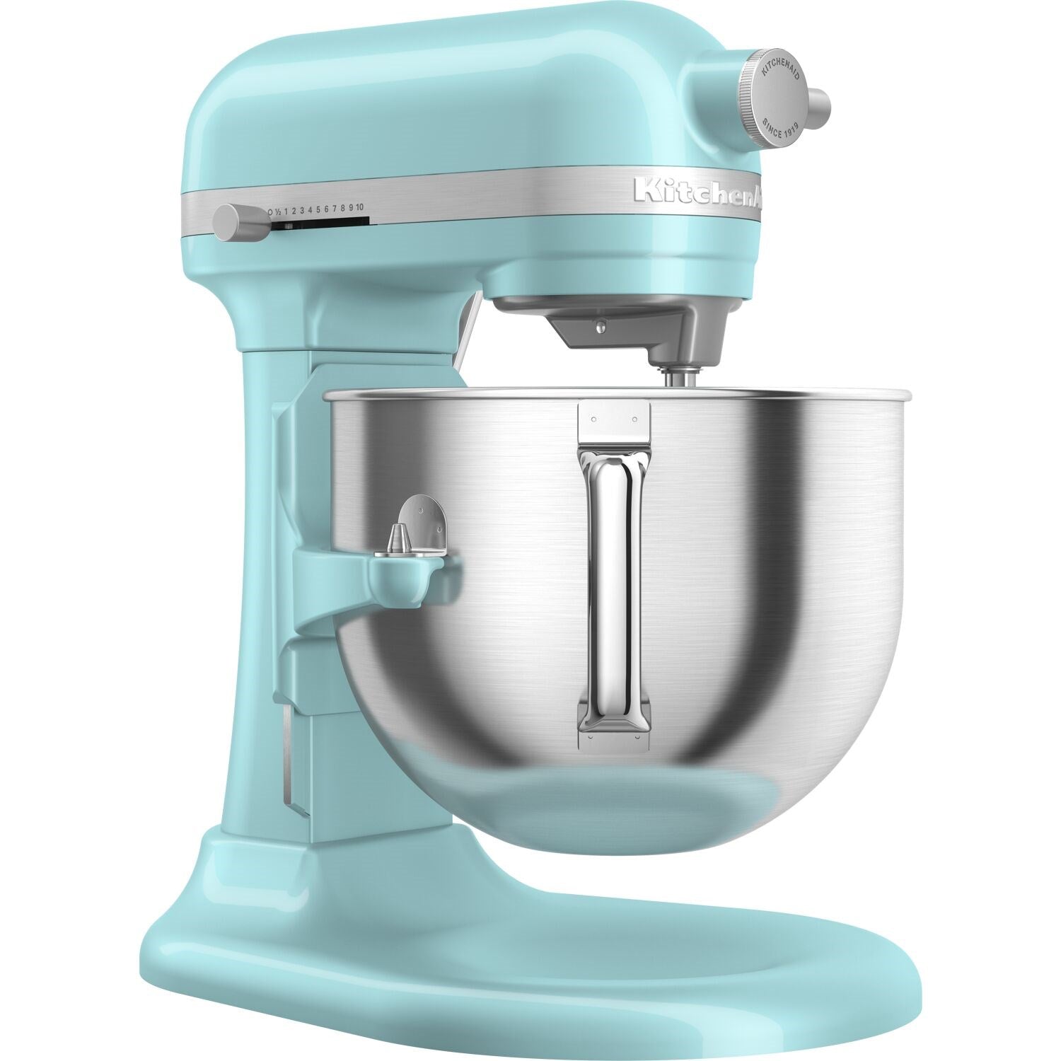 KitchenAid aqua stand mixer with stainless bowl and mixing paddle