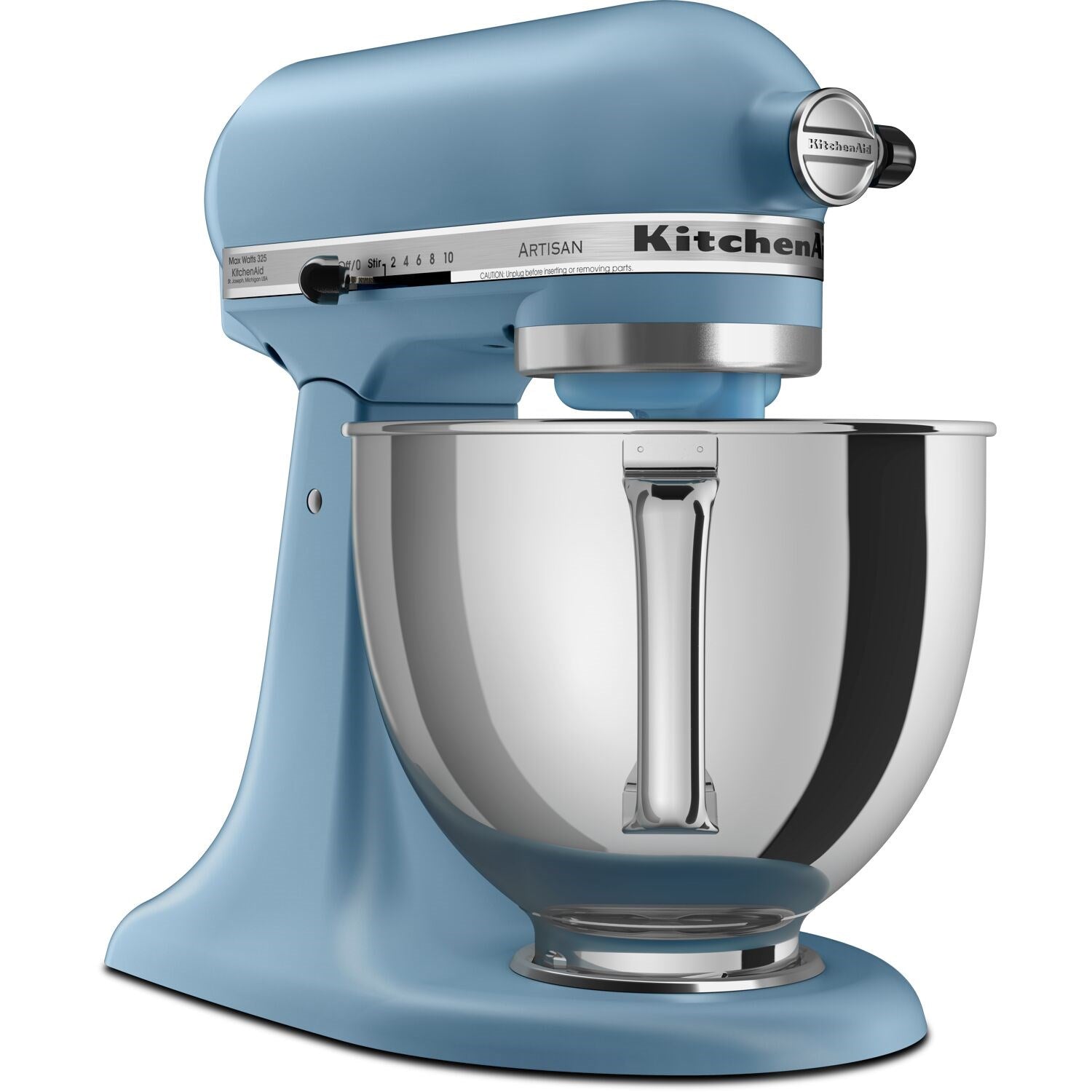 Blue tilt-head stand mixer with stainless bowl and beater attachment, side view