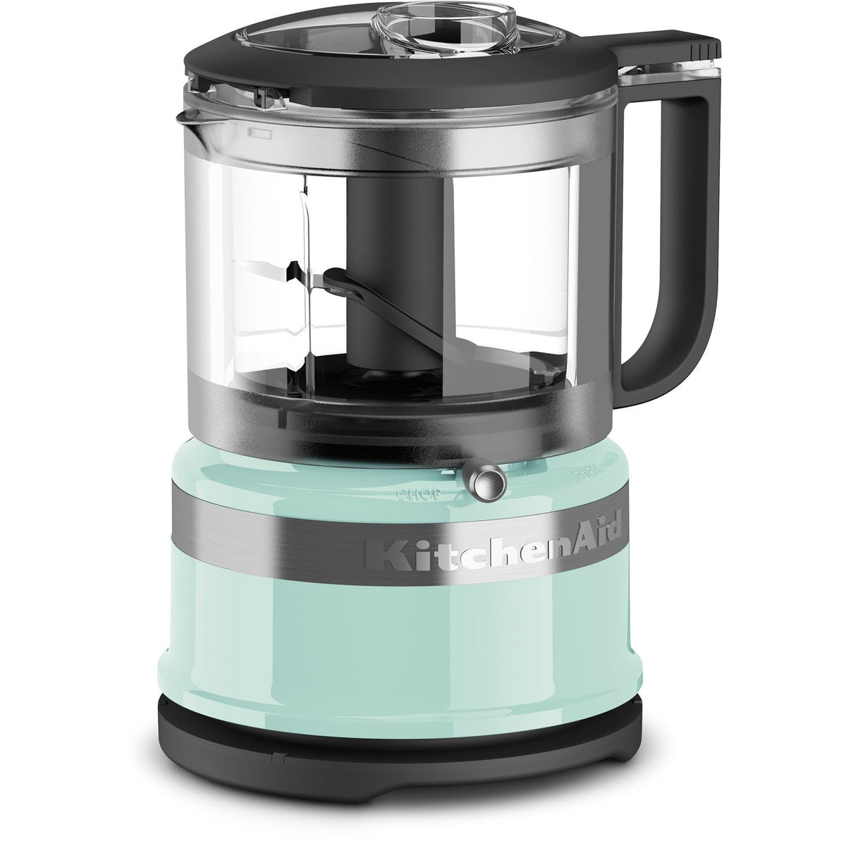 KitchenAid food chopper with transparent bowl, visible blade, black motor housing, ice-blue base