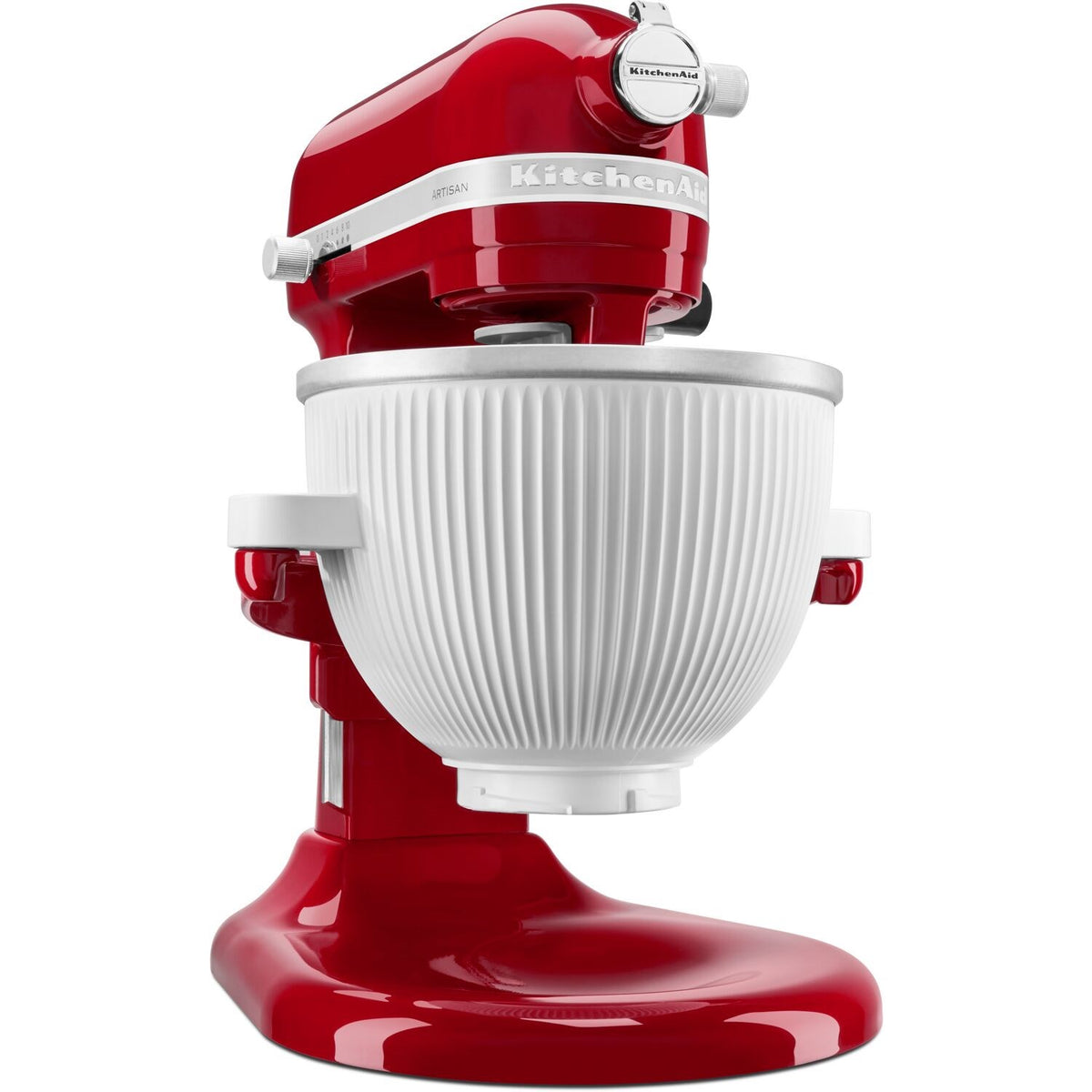 Red stand mixer with white ridged ice cream maker attachment bowl