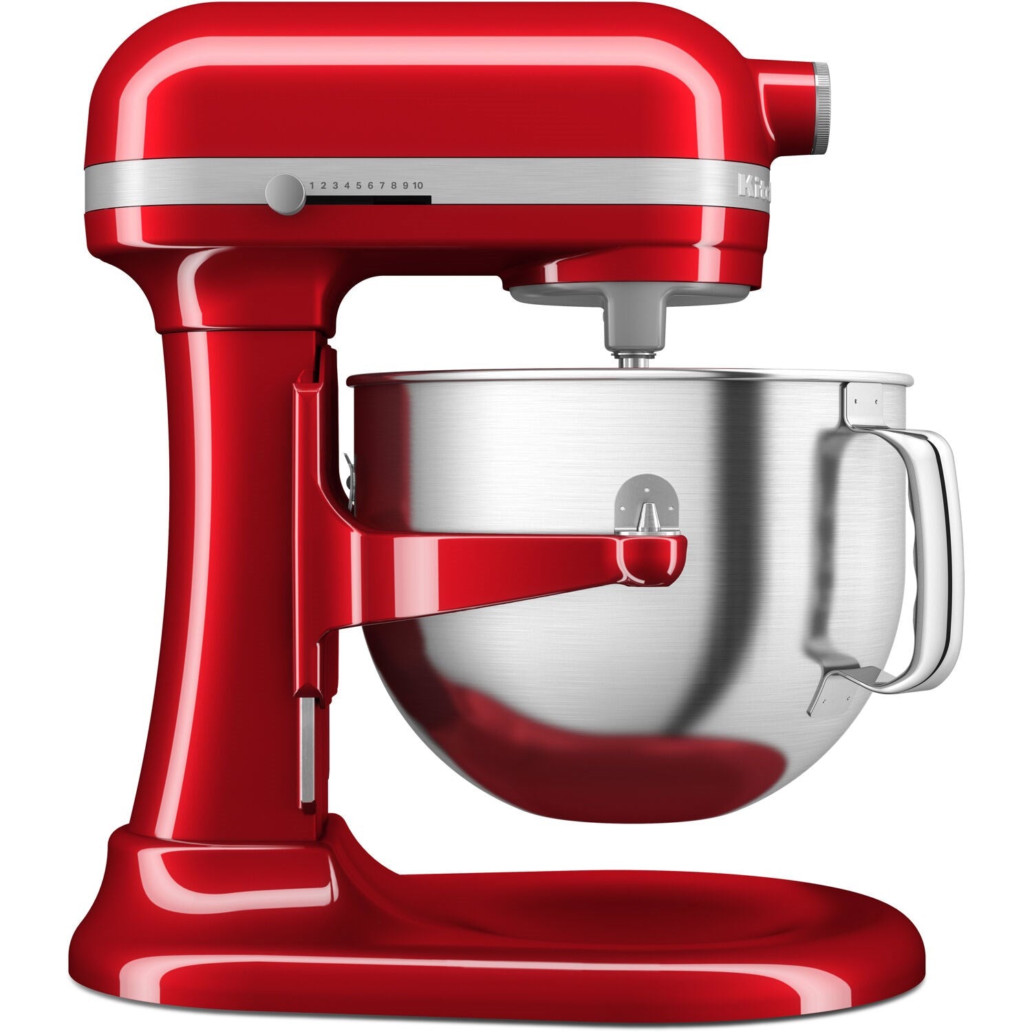 Red stand mixer with stainless steel mixing bowl and bowl-lift lever