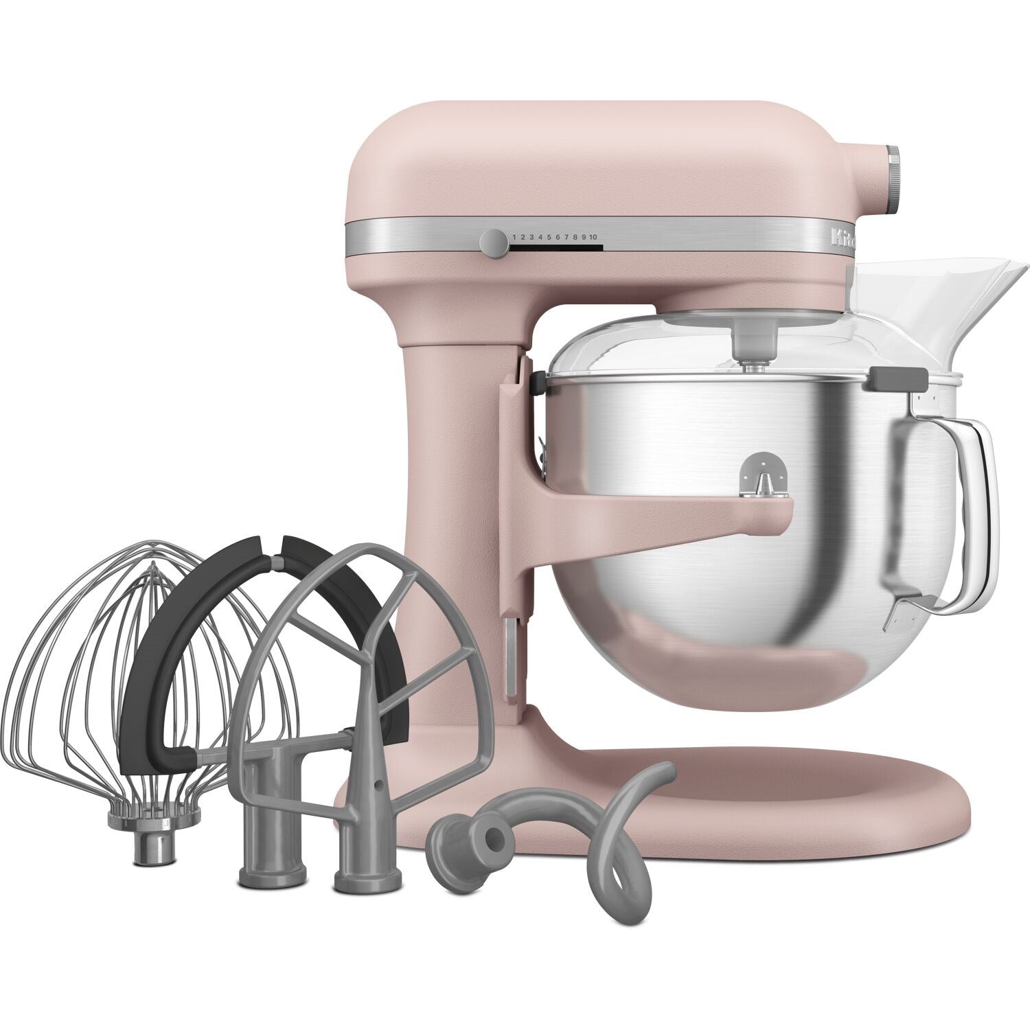 Feather Pink bowl-lift stand mixer with stainless steel bowl and whisk beaters