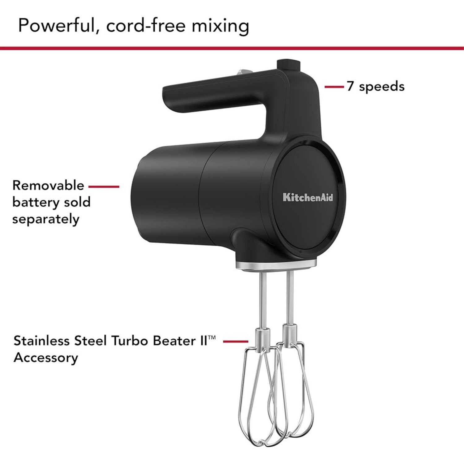 KitchenAid cordless hand mixer in black matte with twin beaters attached