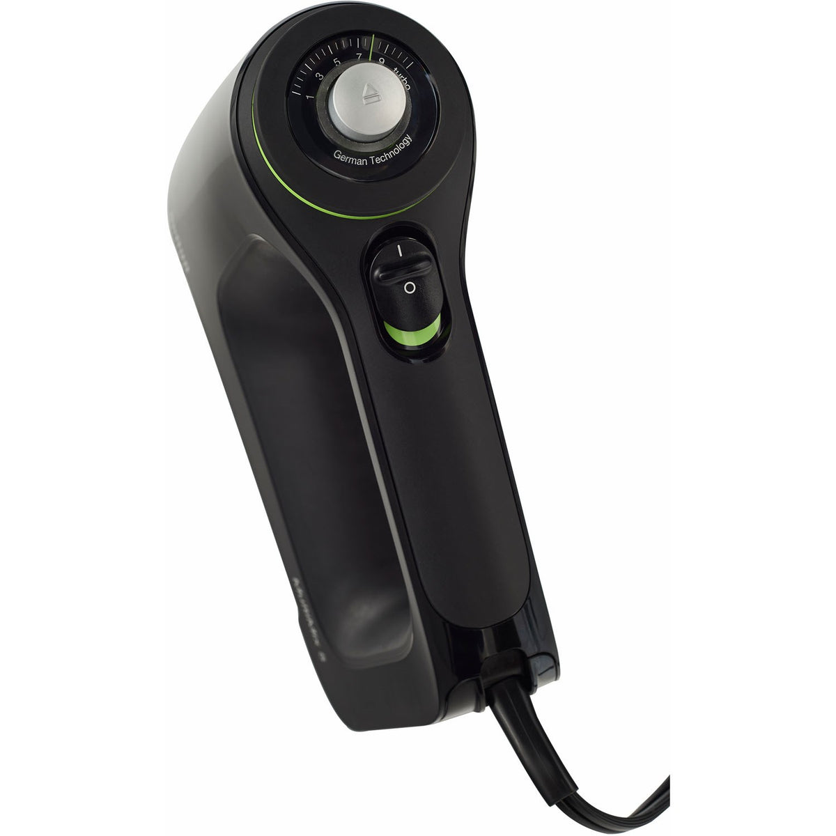 Black hand mixer handle with green control accents and circular speed dial.