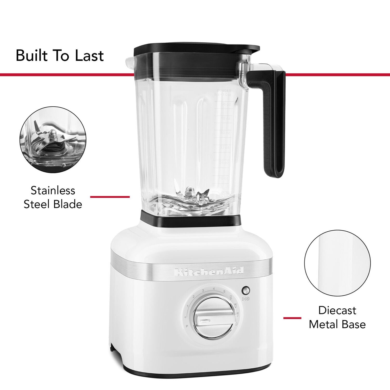 White blender with clear jar, black lid, and metal base