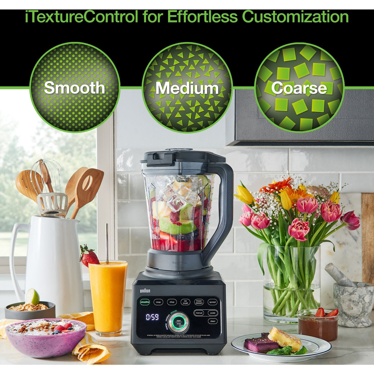 Black blender with jar and TextureControl dial labeled Smooth, Medium, Coarse.