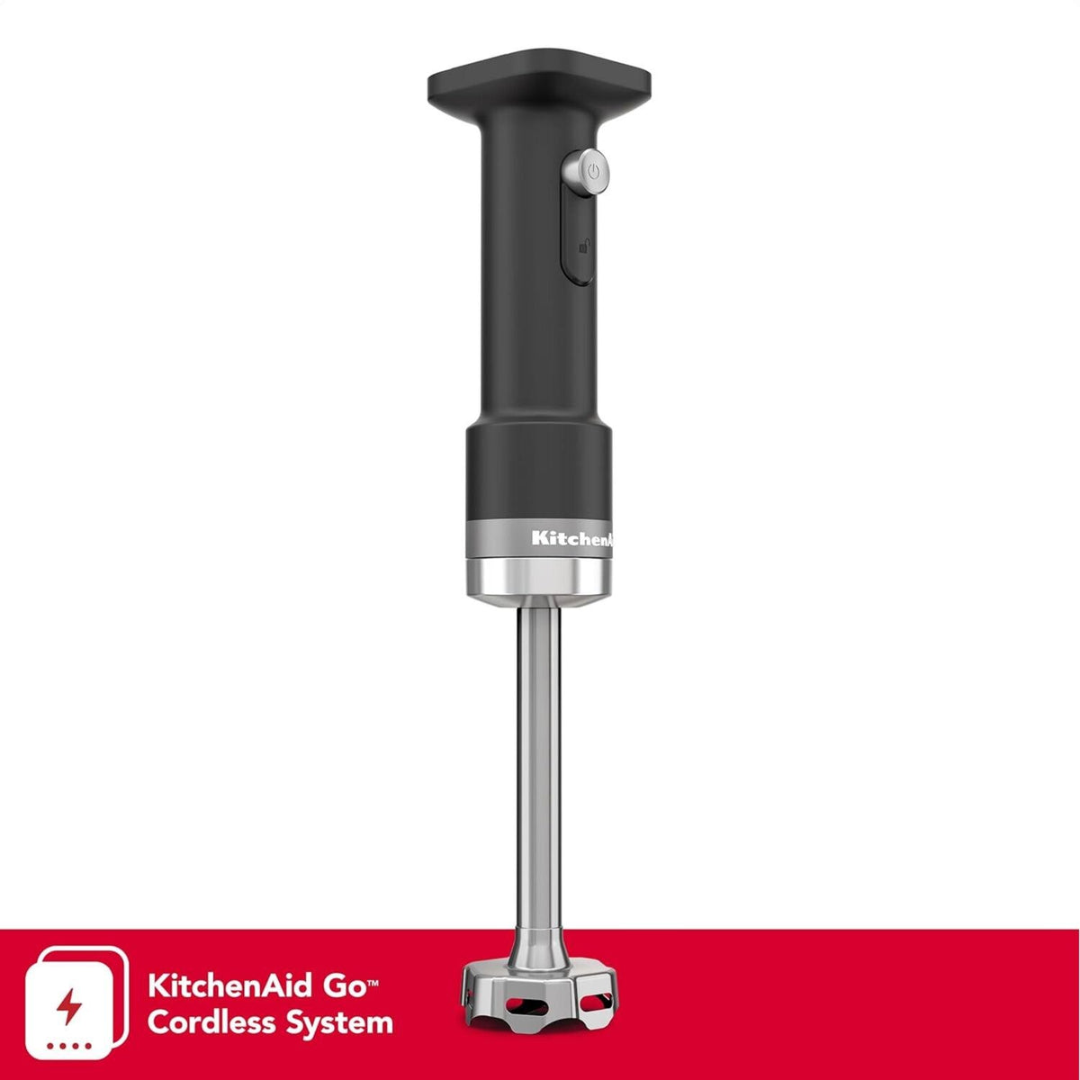 Cordless hand blender with black motor housing and stainless steel blending shaft, blade base.