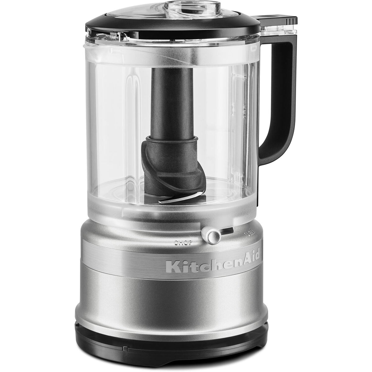 KitchenAid food chopper with clear pitcher, black lid, and stainless steel base