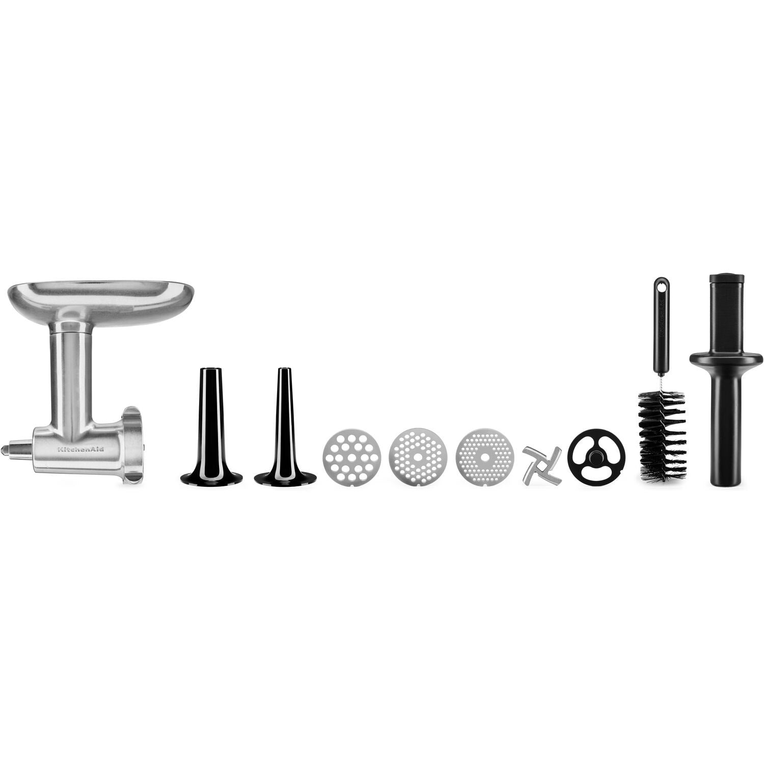 Meat grinder attachment parts set: funnel, discs, and tools in metal and black