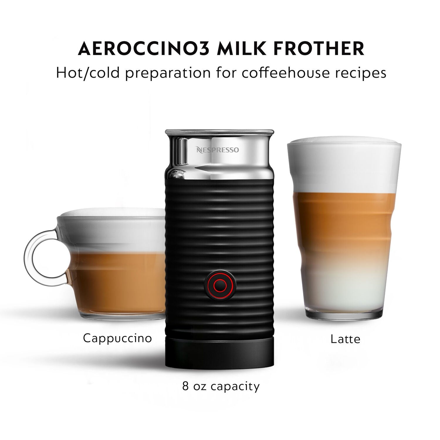Milk frother base with red power light, plus cappuccino and latte serving cups