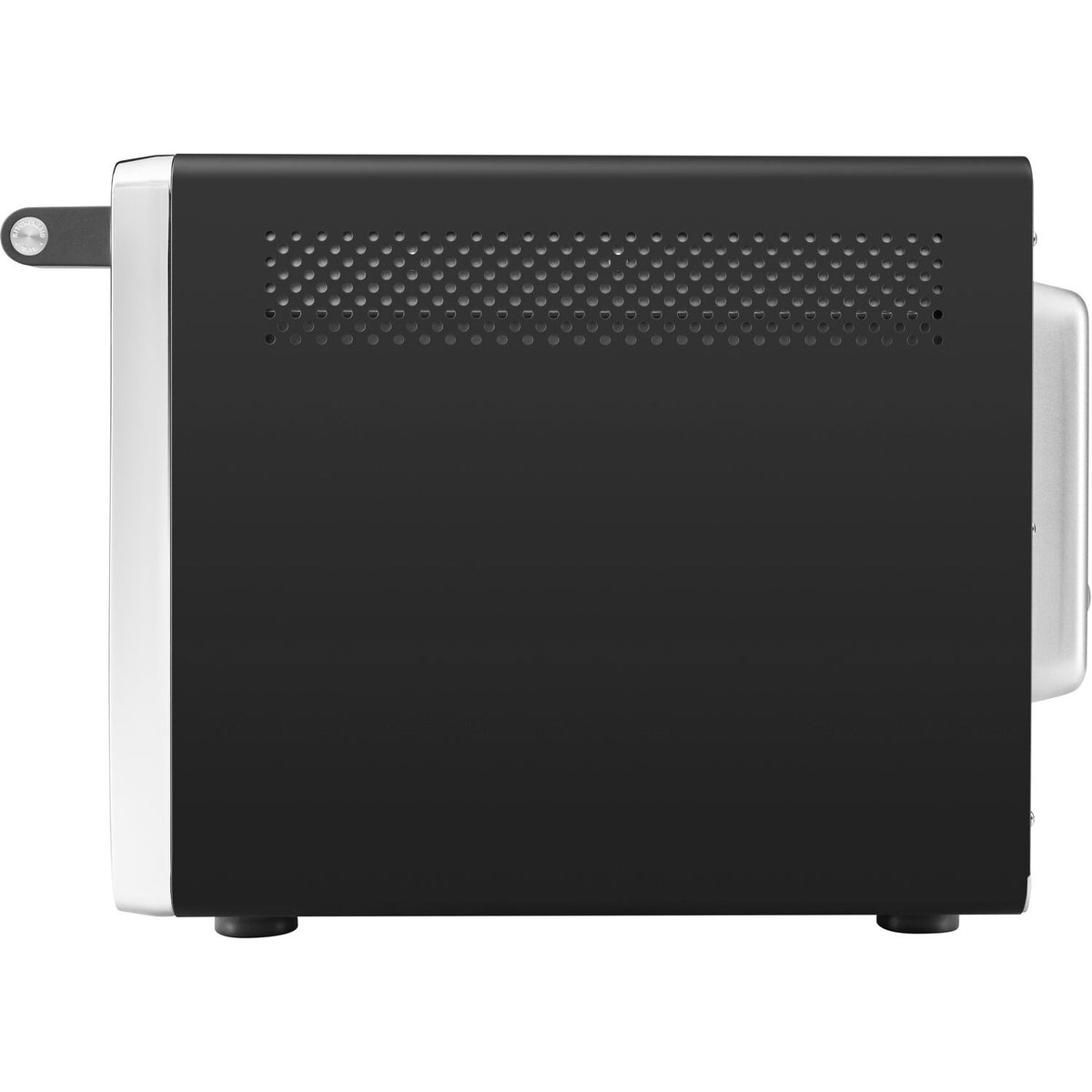 Black matte countertop convection oven with vented front panel and side handles