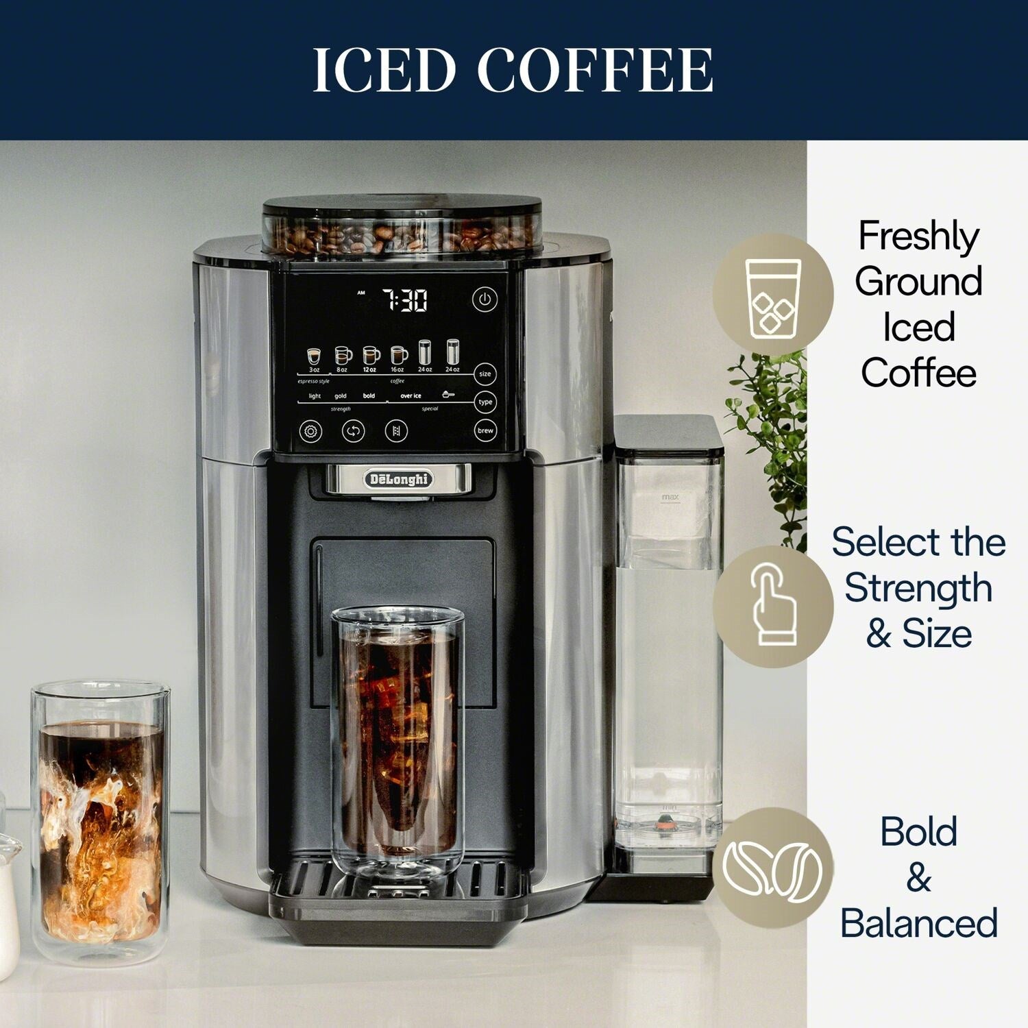 Black and stainless automatic coffee maker with iced coffee cup setup