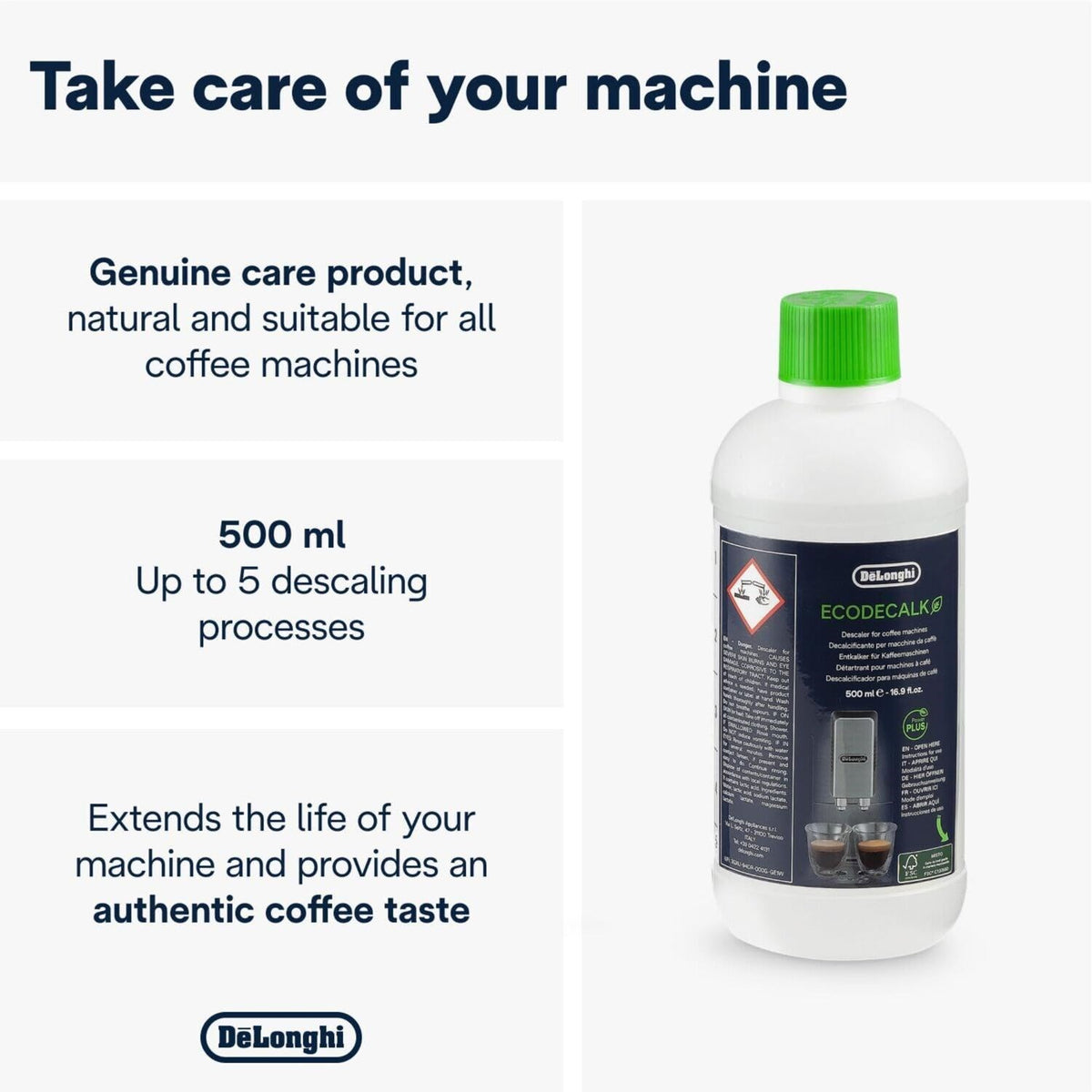 De'Longhi EcoDecalk descaler bottle, white 500 ml with green cap and label.
