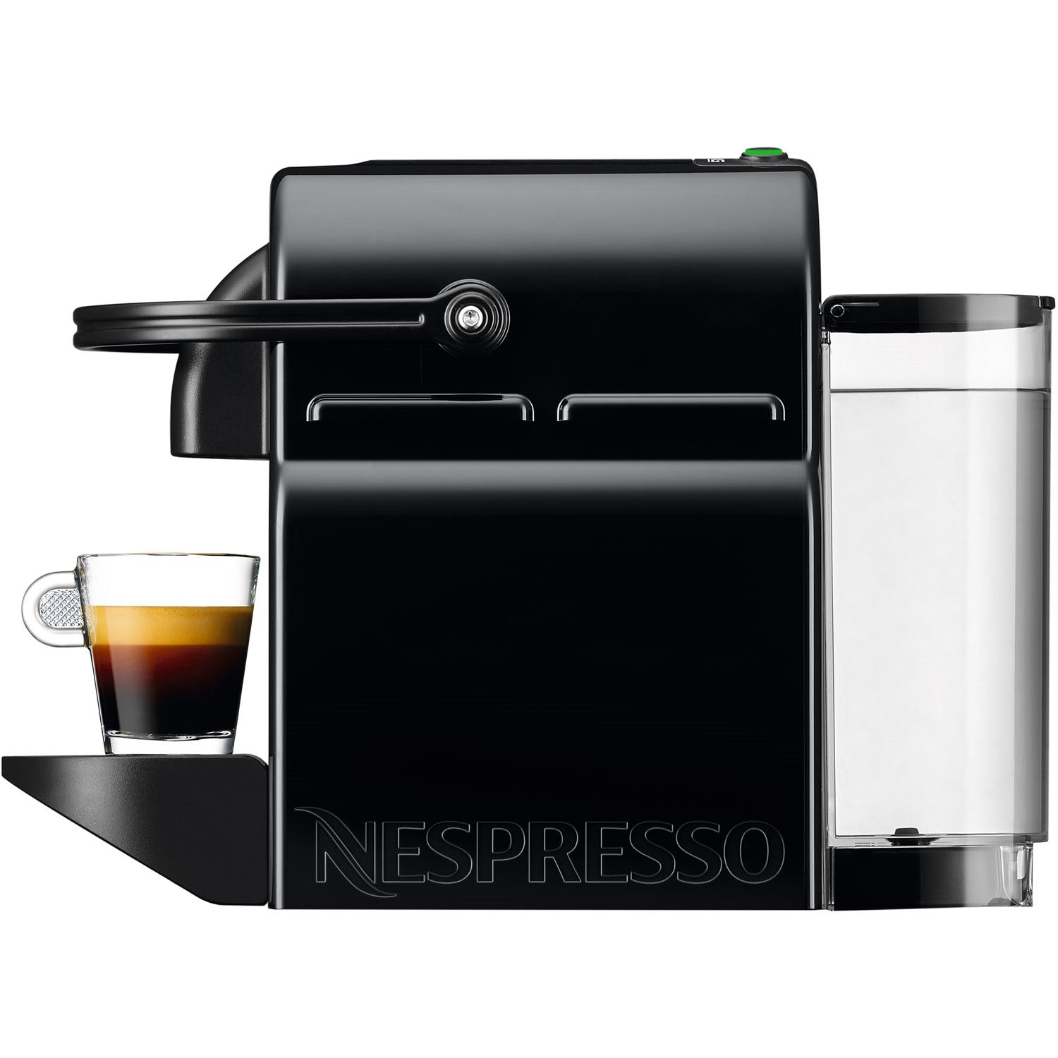 Black Nespresso espresso machine with side water tank and drip tray, front view