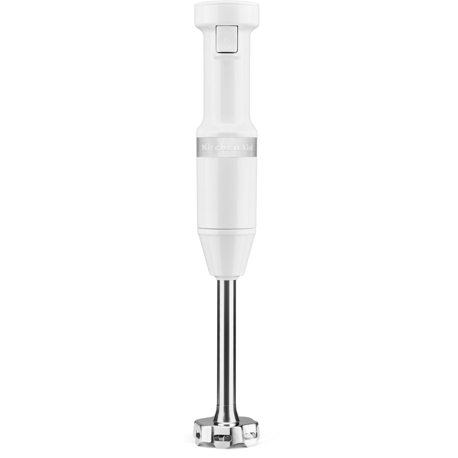 White immersion blender handle with blending shaft and stainless blending blade