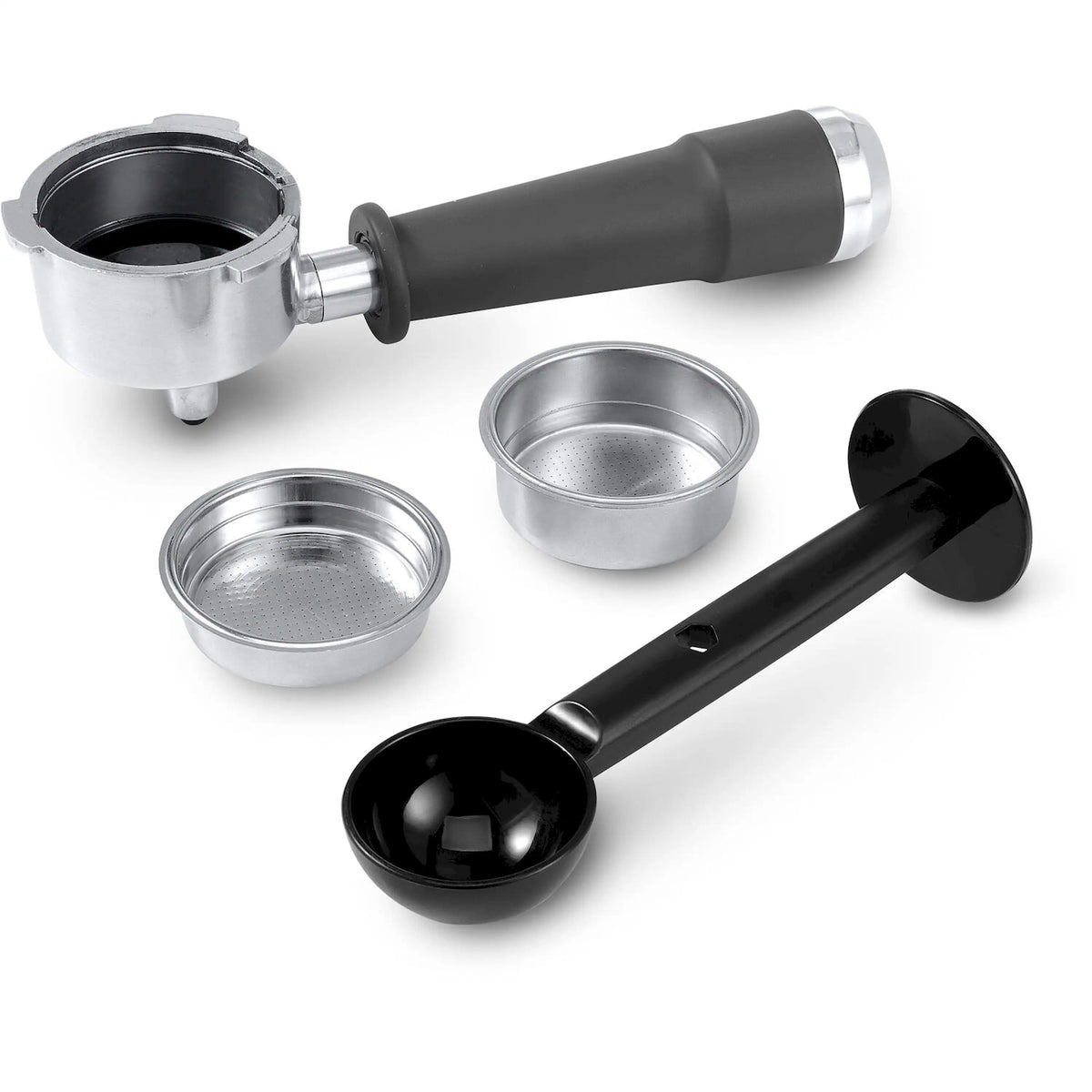 Espresso machine frothing wand, portafilter, and filter baskets with black scoop attachment