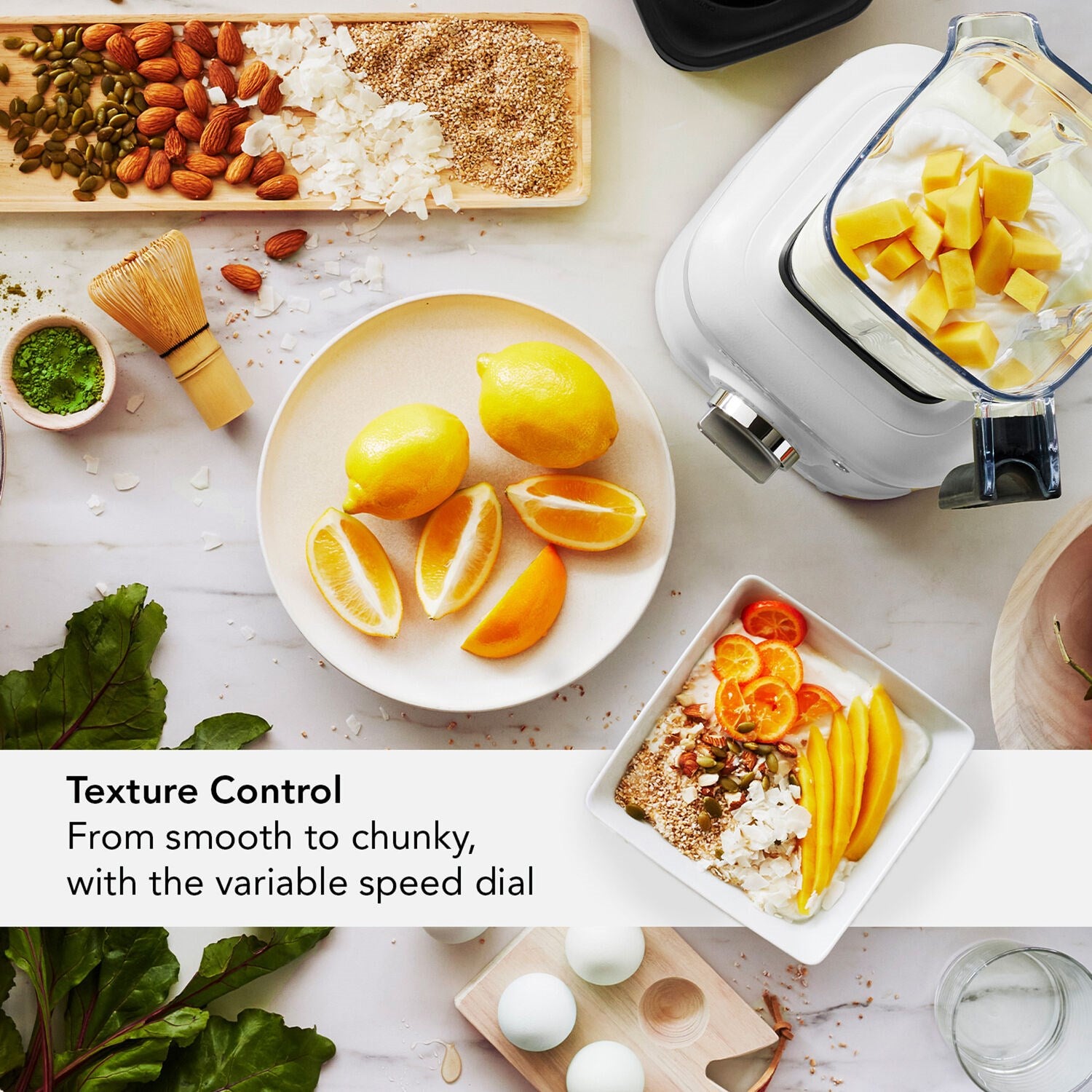 KitchenAid blender ingredient blending results with smooth and chunky texture