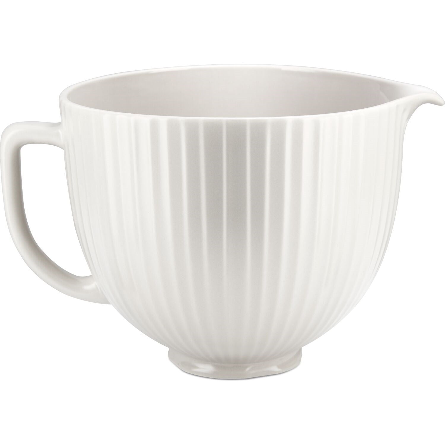 White ceramic mixing bowl with vertical ribs, pour spout rim, and side handle