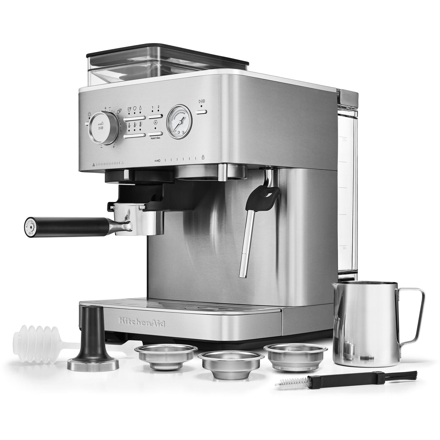 Stainless steel semi-automatic espresso machine with portafilter and drip tray