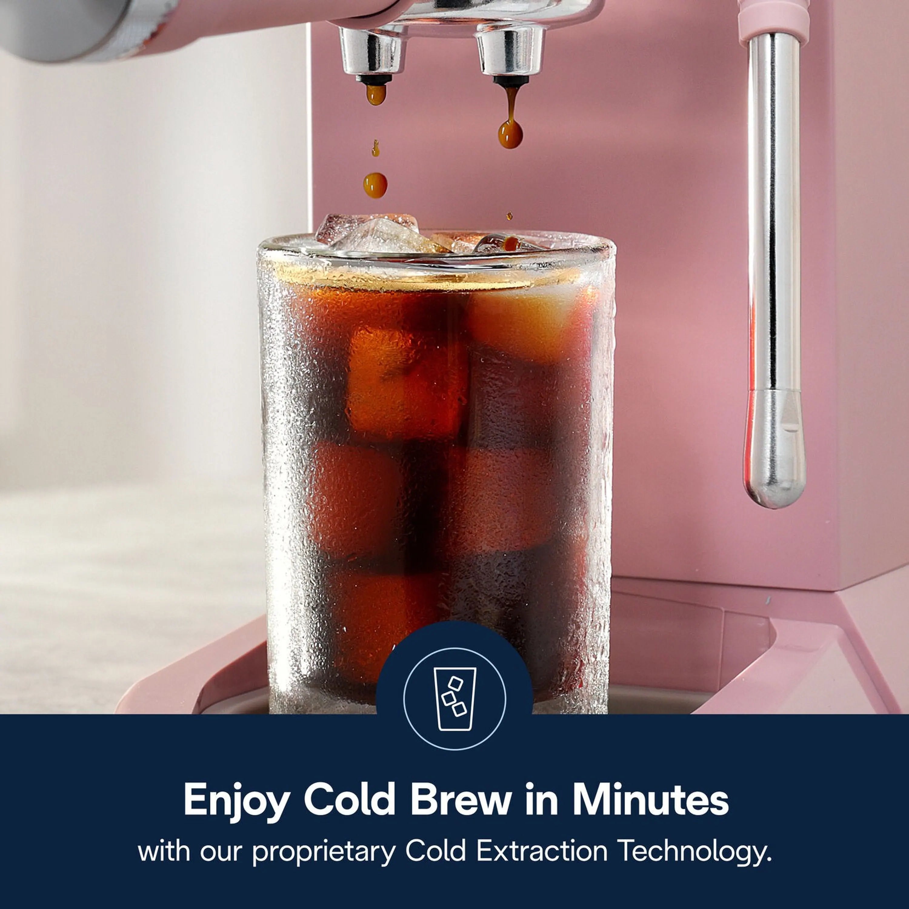 Cold brew coffee pouring into a tall glass with visible condensation