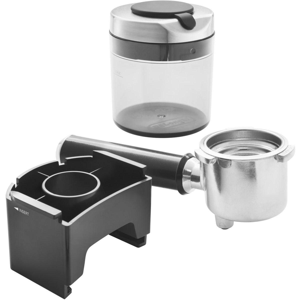 De'Longhi Dedica coffee grinder with front spout and portafilter holder, side view