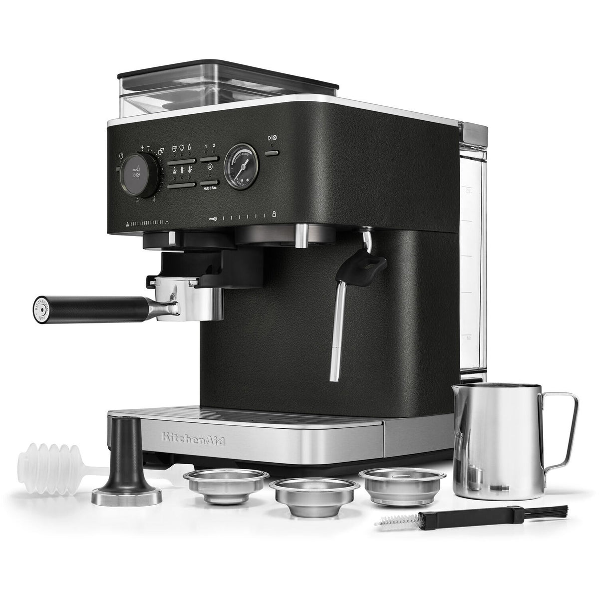 Black espresso machine with grinder hopper, portafilter handle, and included accessories