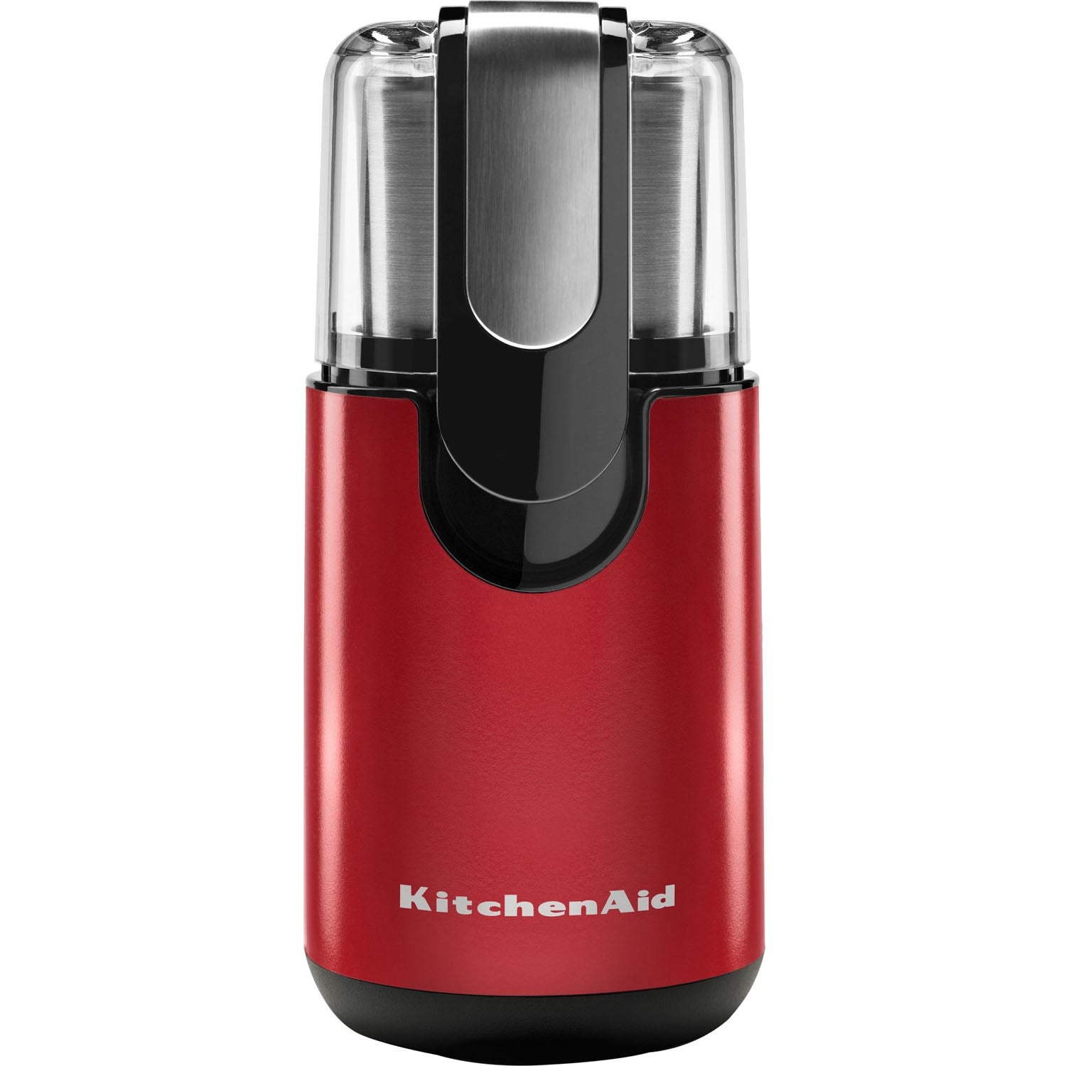 Red KitchenAid blade coffee grinder with stainless top, black center handle, and black base