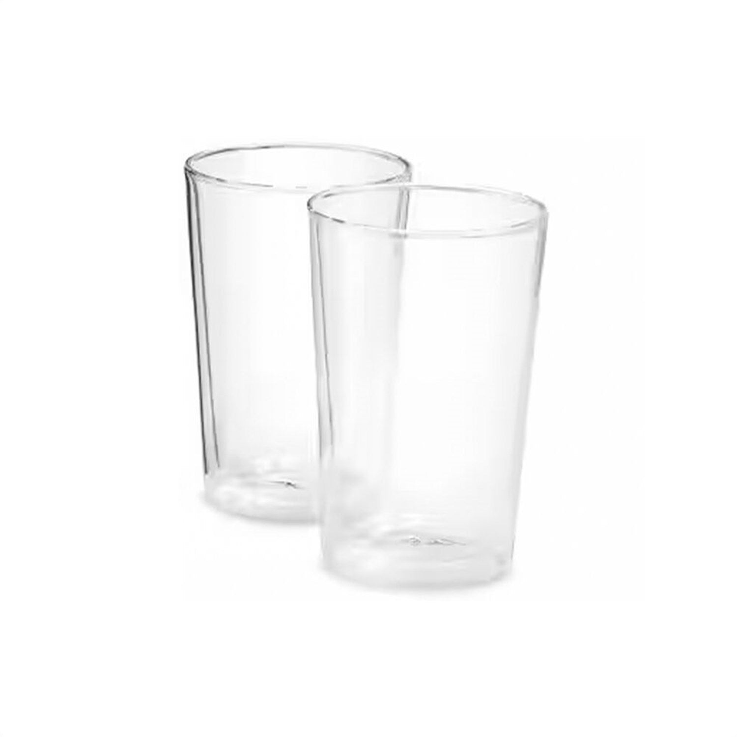 Two clear double-wall coffee glasses, empty, side-by-side view