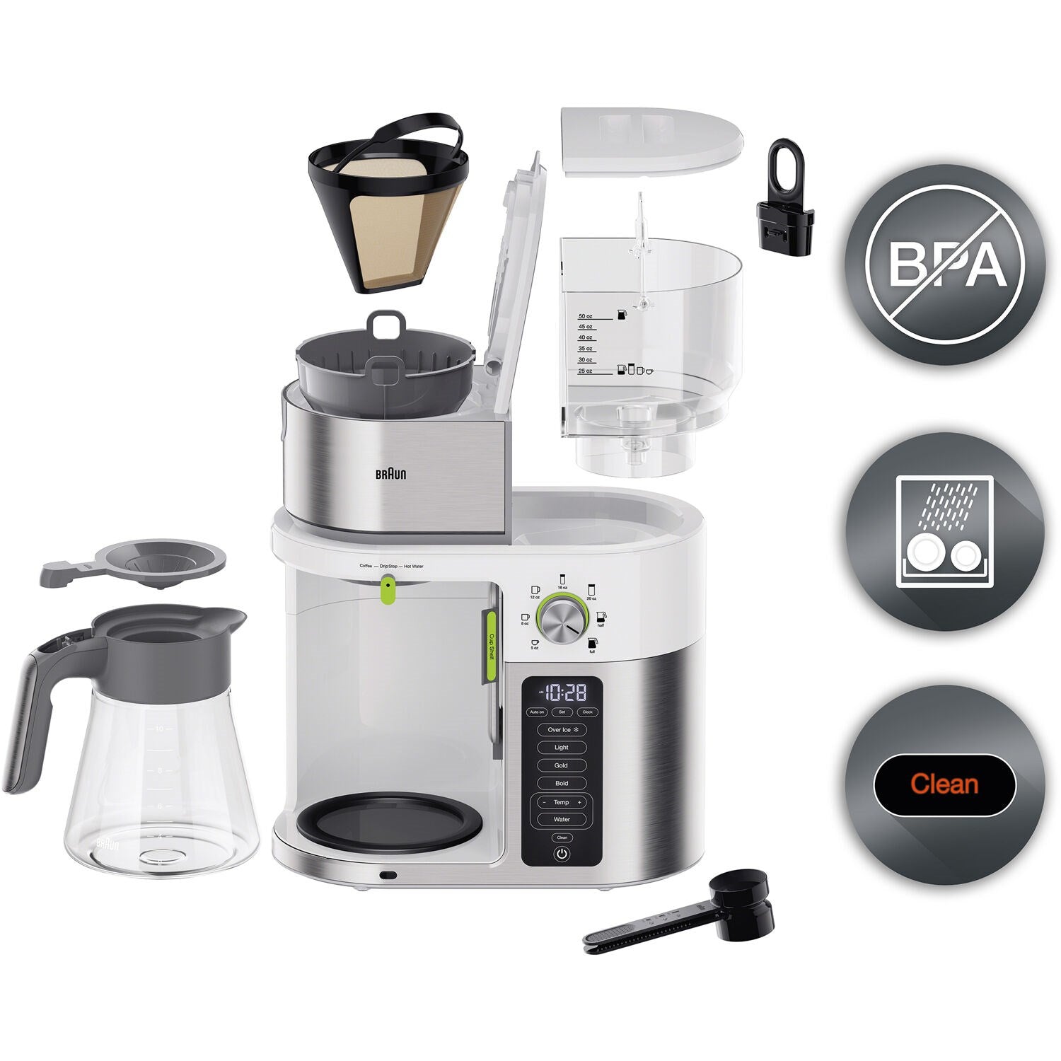 Stainless steel and white coffee brewing system with carafe, filter parts, and scoop