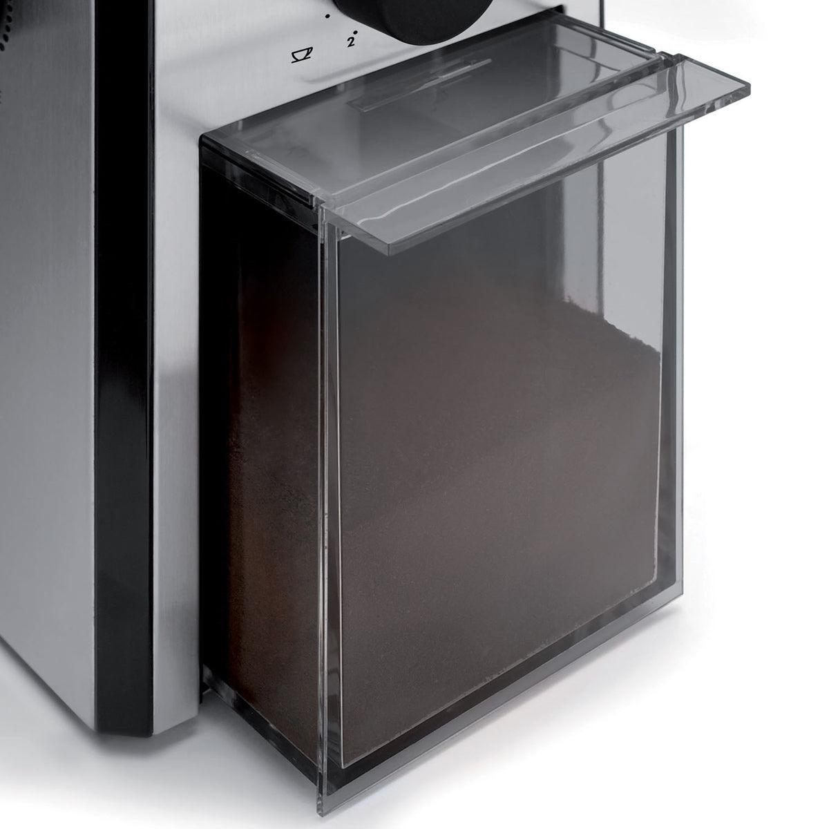Conical burr grinder with clear grinding chamber and visible open chute