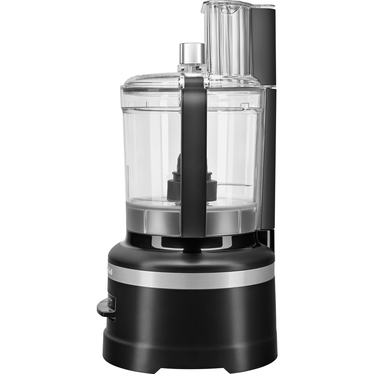 Black 13-cup food processor with clear bowl cover and blade assembly in bowl