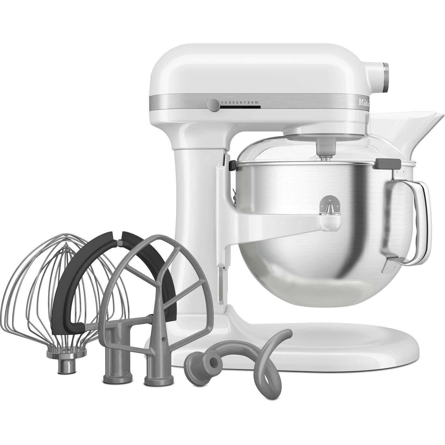 White KitchenAid stand mixer with whisk, paddle, and dough hook attachments