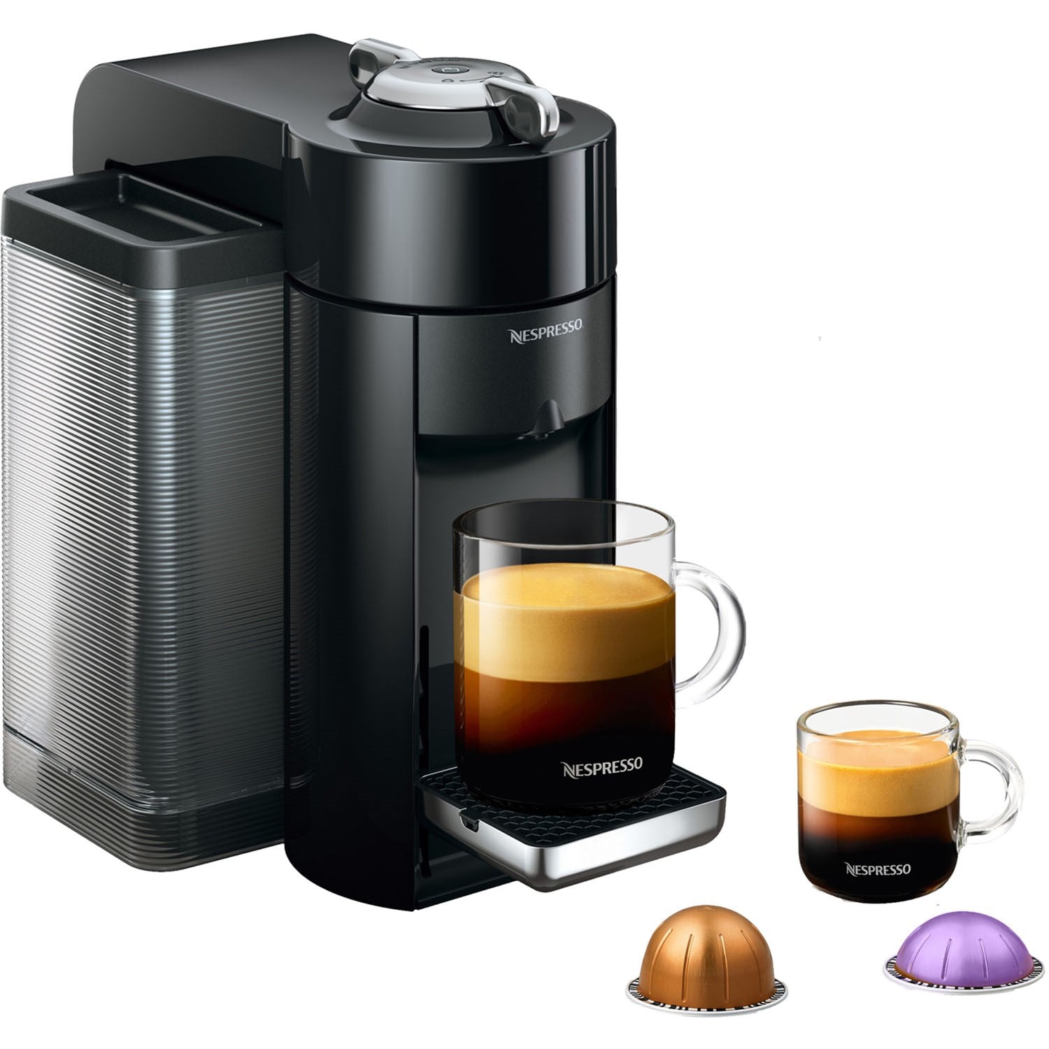 De'Longhi Nespresso Vertuo black single-serve coffee machine with two mugs and capsule pods