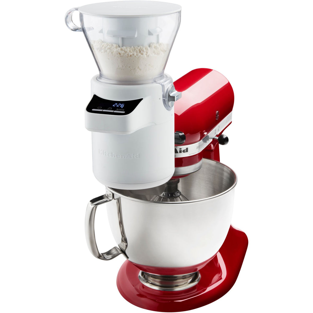 Countertop sifter and scale attachment with hopper, clear funnel, and stainless bowl