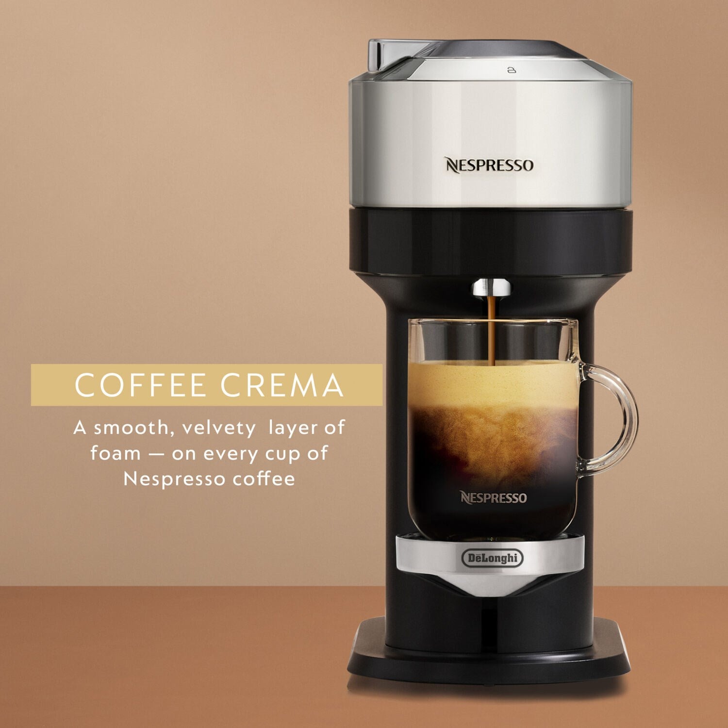 Black De'Longhi Nespresso Vertuo Next coffee machine dispensing crema into mug