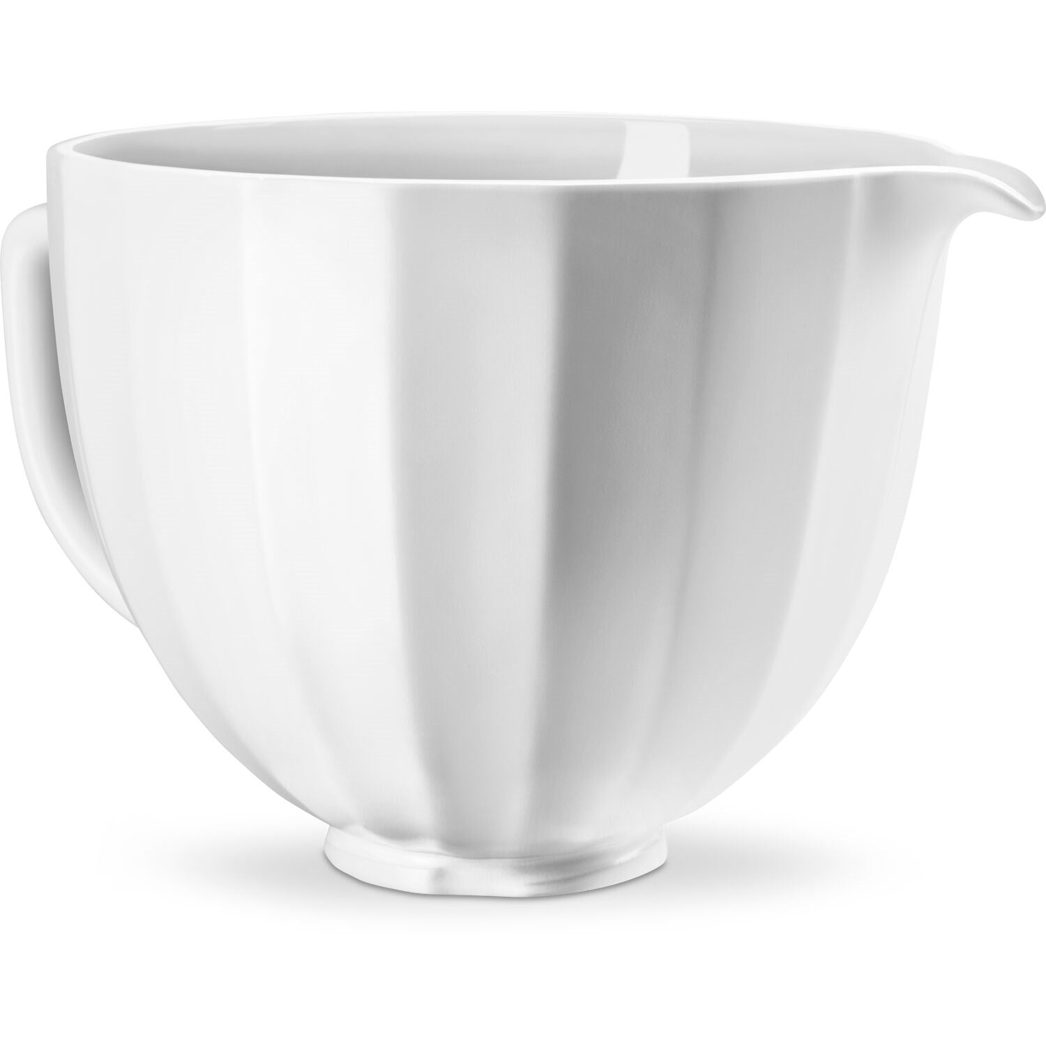 White ceramic mixing bowl with side handle and pour spout