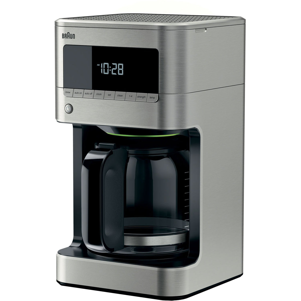 Braun stainless steel drip coffee maker with front hood and digital display