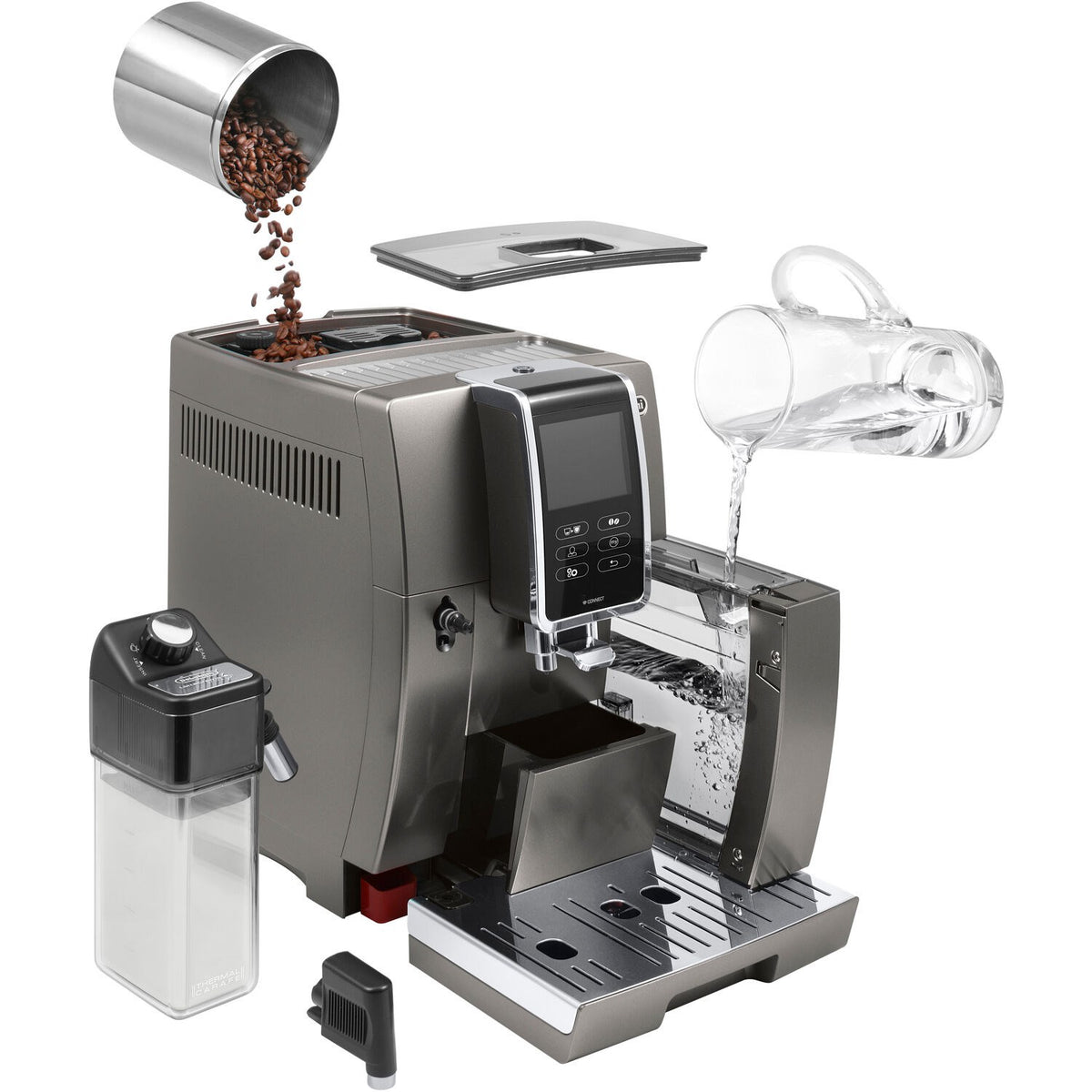 Super-automatic coffee machine with open access area, water container, and steam pipe