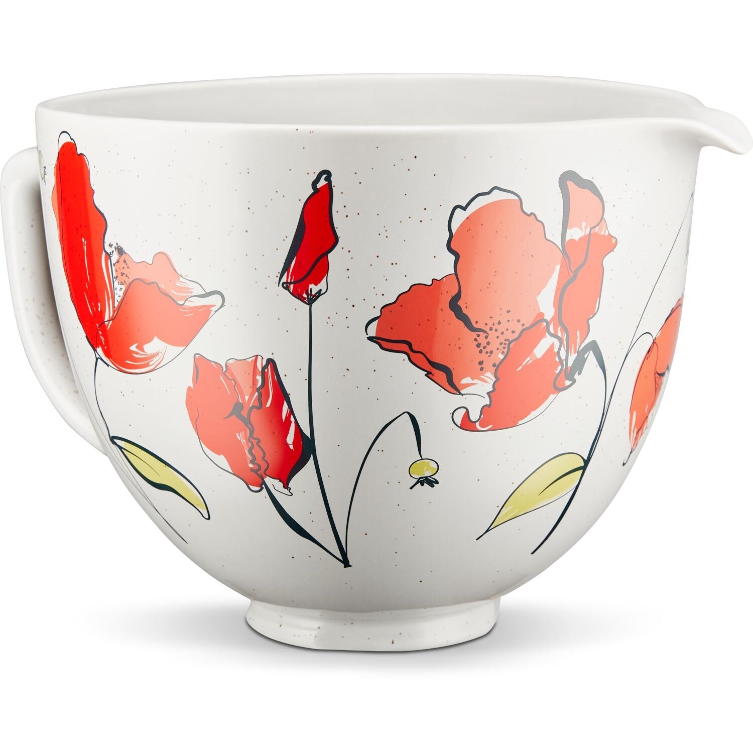 White ceramic mixing bowl with red poppy and pink petal artwork, angled front view