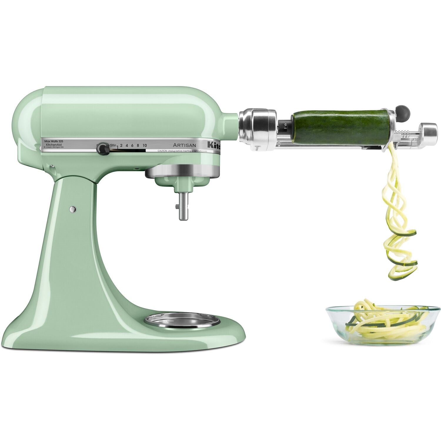 Pistachio tilt-head stand mixer with stainless mixing bowl and whisk attachment