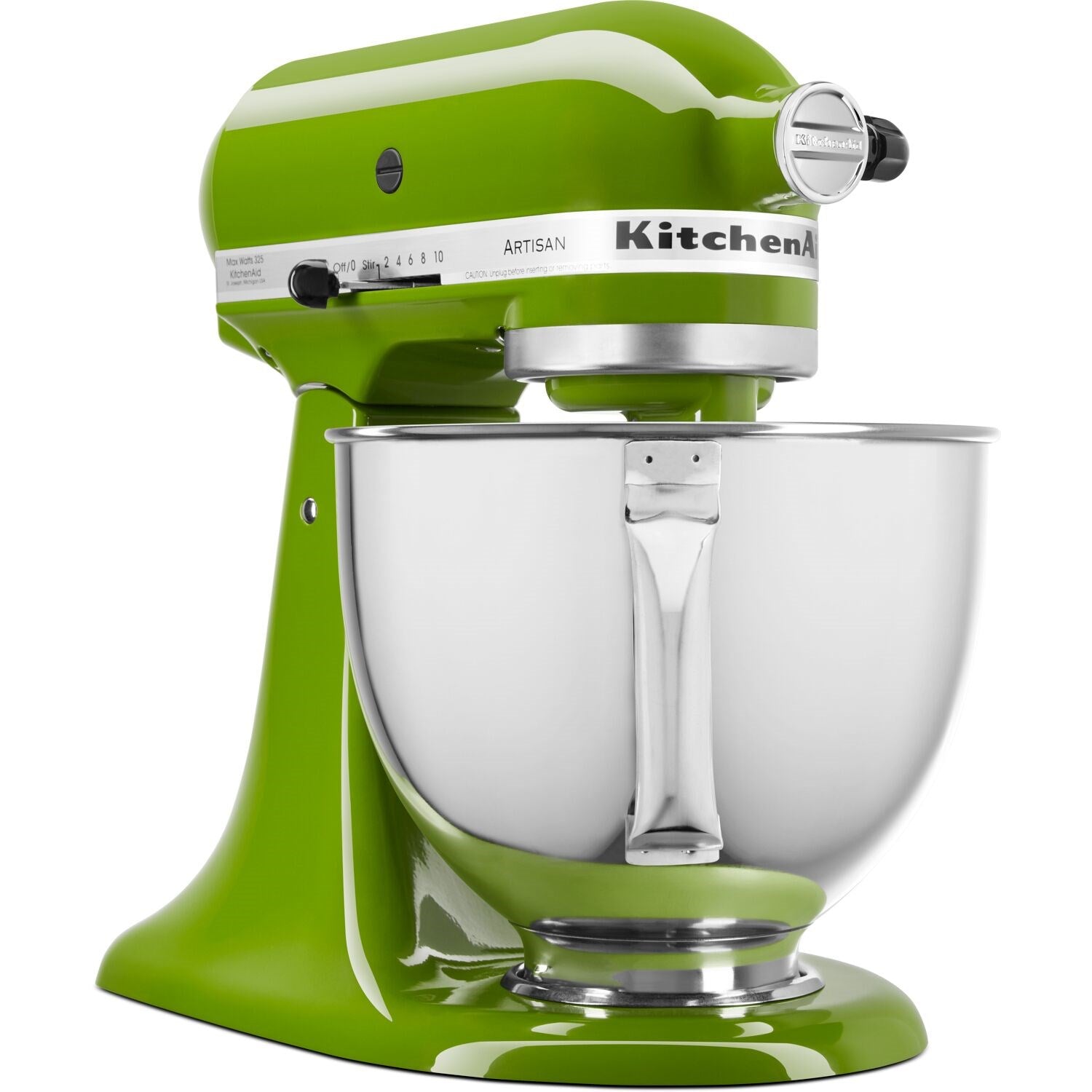 Matcha green tilt-head stand mixer with stainless bowl, head, and speed dial